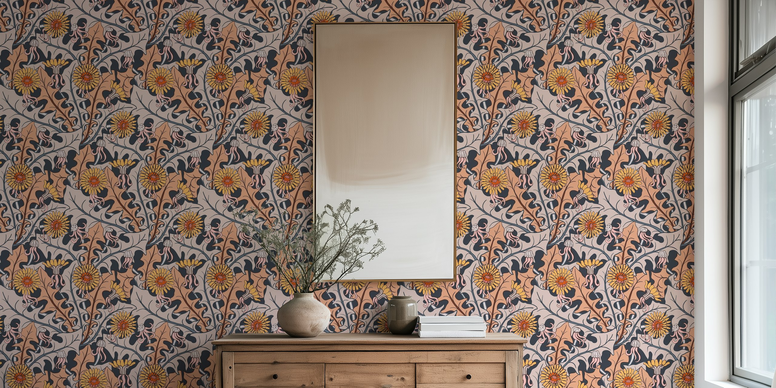 Perinteinen jugend-voikukkakuvio tummansineen taustalla olevalla seinämaalauksella