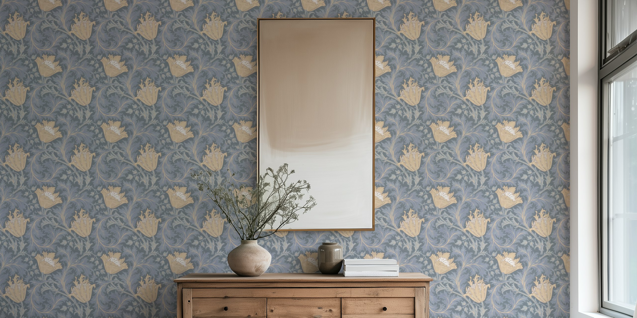 Floral pattern wallpaper in slate blue and beige with vintage botanical design