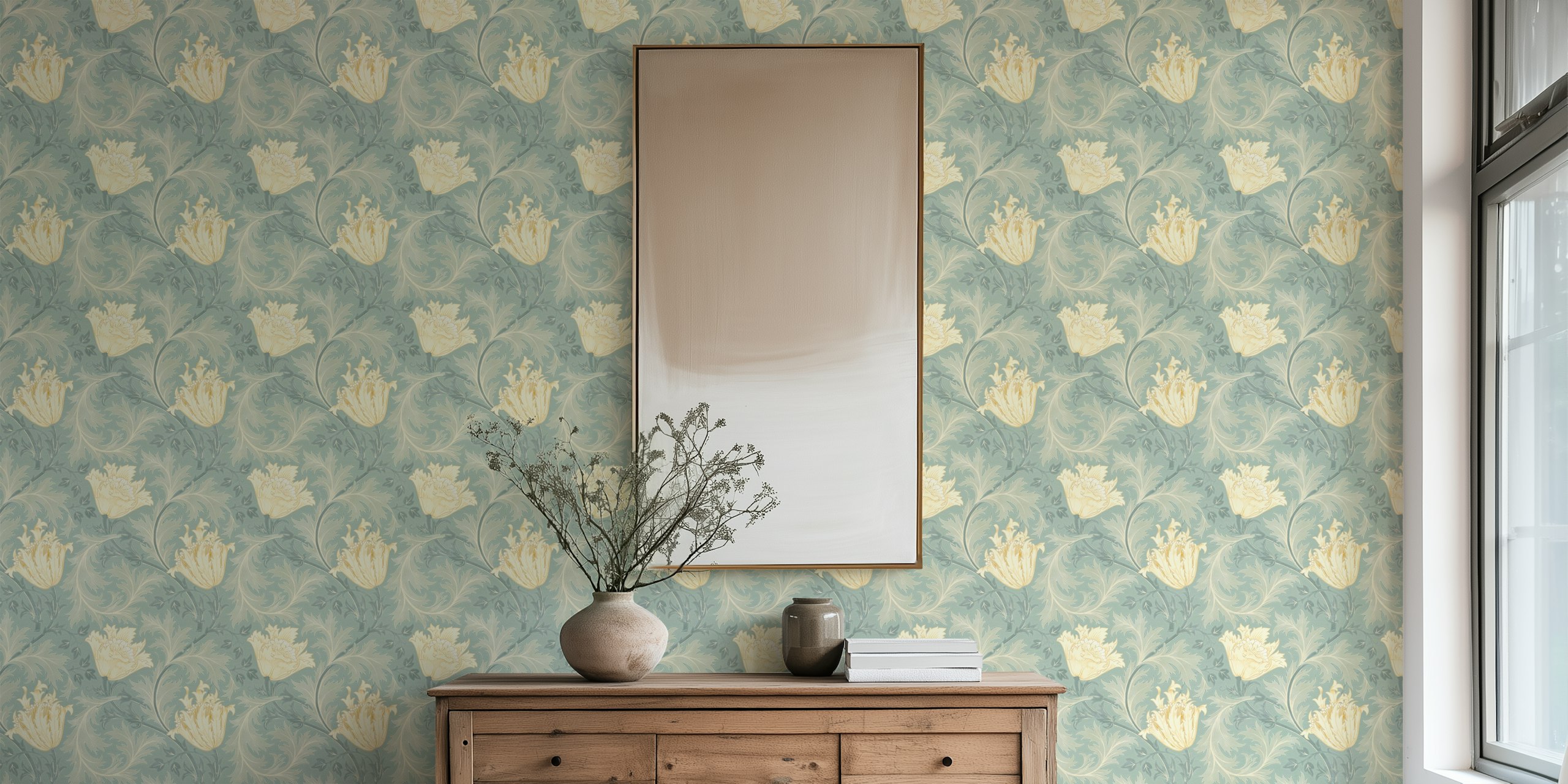 Τοιχογραφία Τοίχου Anemone William Morris Με Φόντο Κρέμα Μέντας Και Λουλουδάτο Μοτίβο