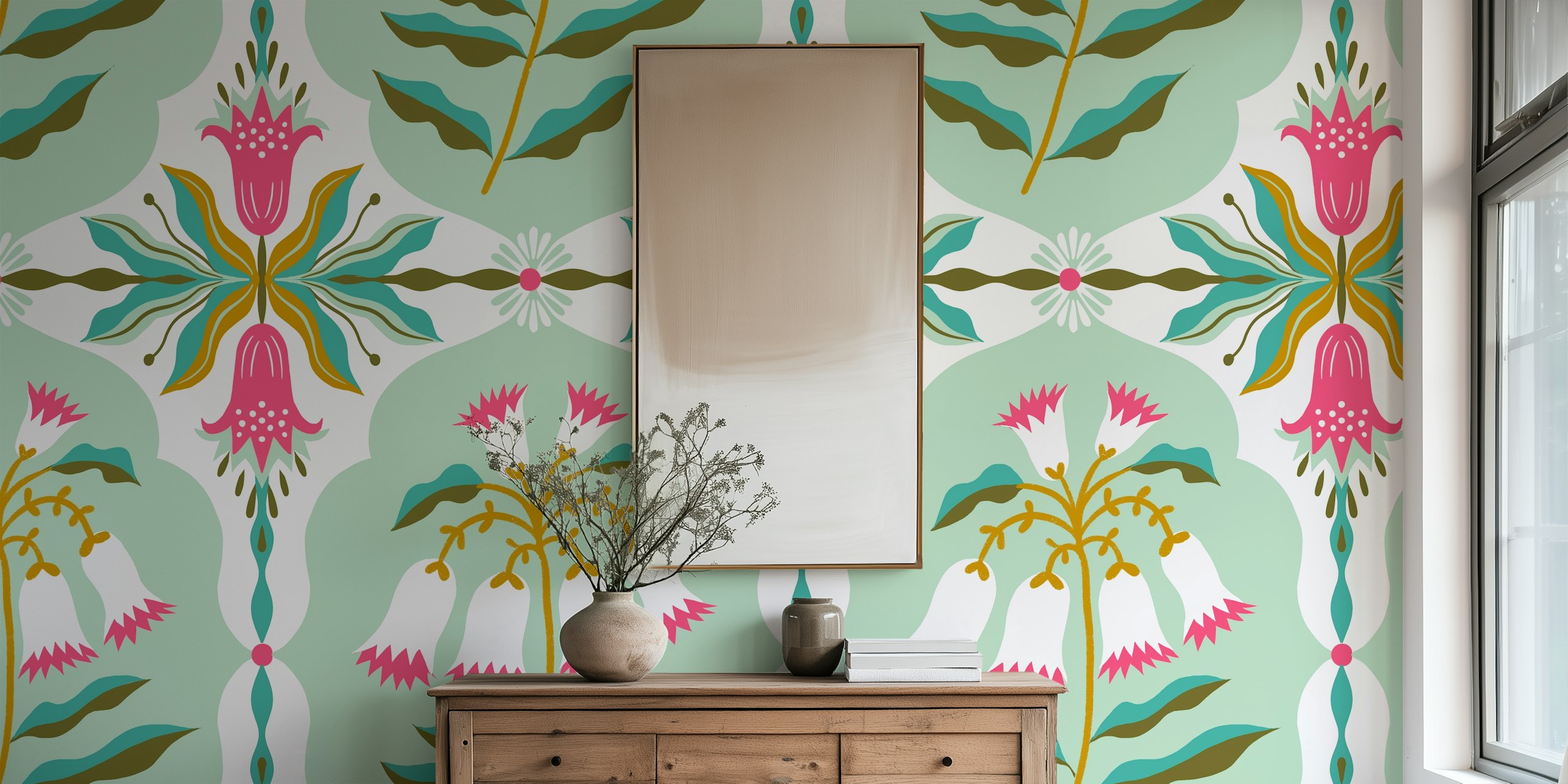 Floral mint green wallpaper with pink and white flowers, damask style