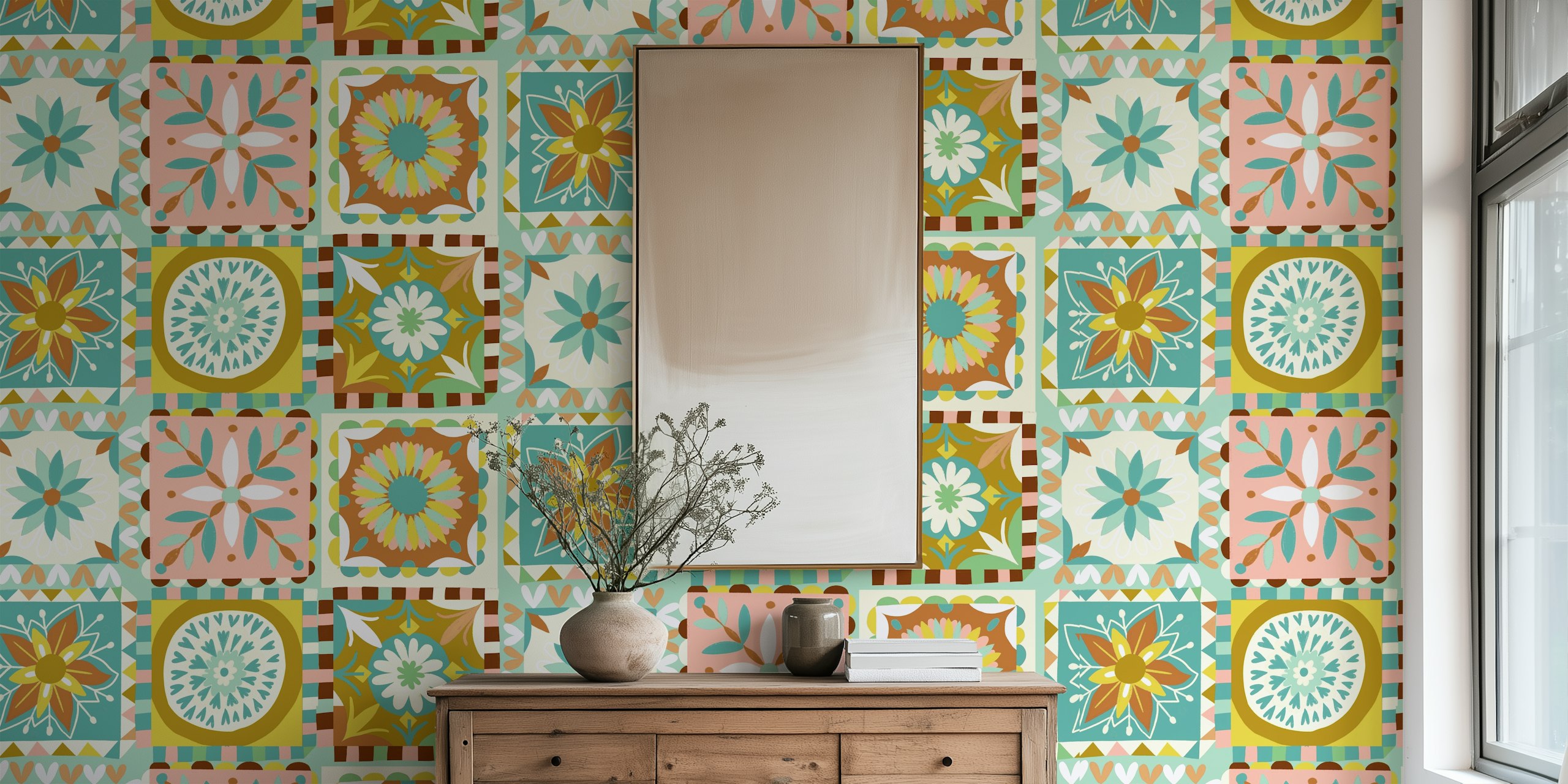 Playful tiles wallpaper in a room setting