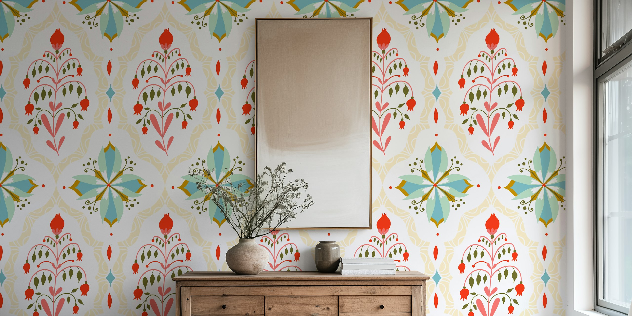 Colorful floral damask pattern wallpaper in shades of red and green