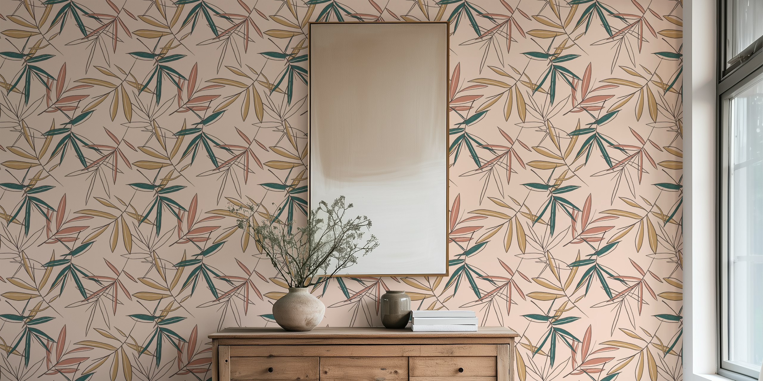 Vintage Palms vægmaleri med elegante palmeblade i dæmpede farver