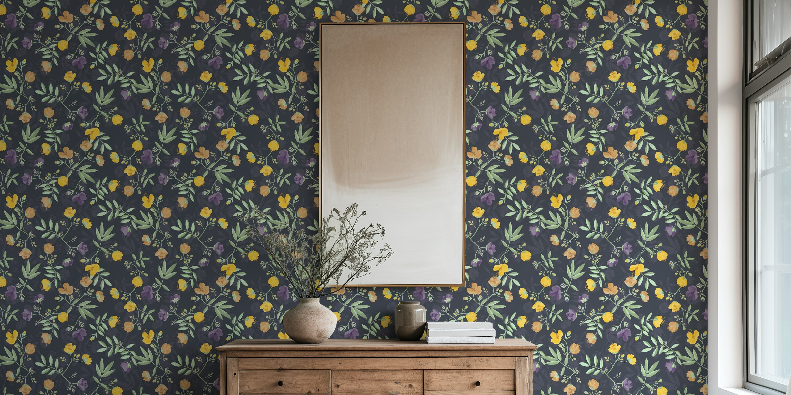 Midnight floral wallpaper with yellow and purple flowers and green leaves.