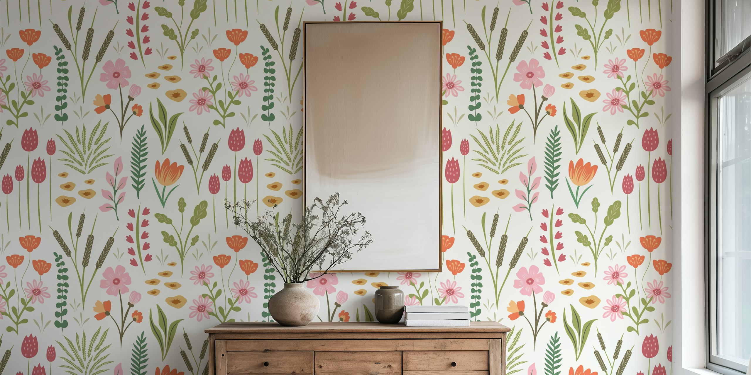 Illustrative wall mural of an array of wildflowers in pastel colors