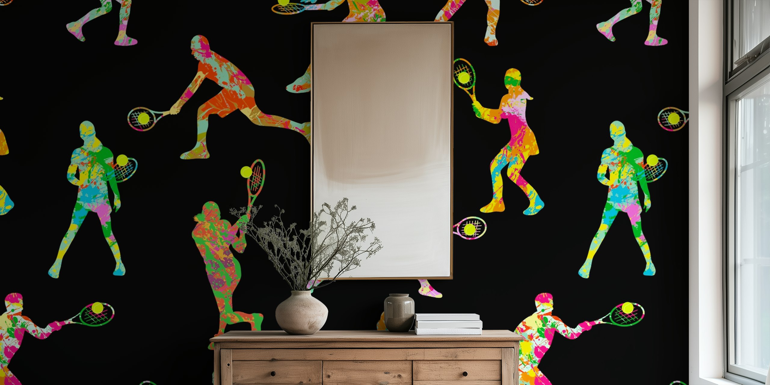 Tennis players silhouette in vibrant colors against black background wallpaper