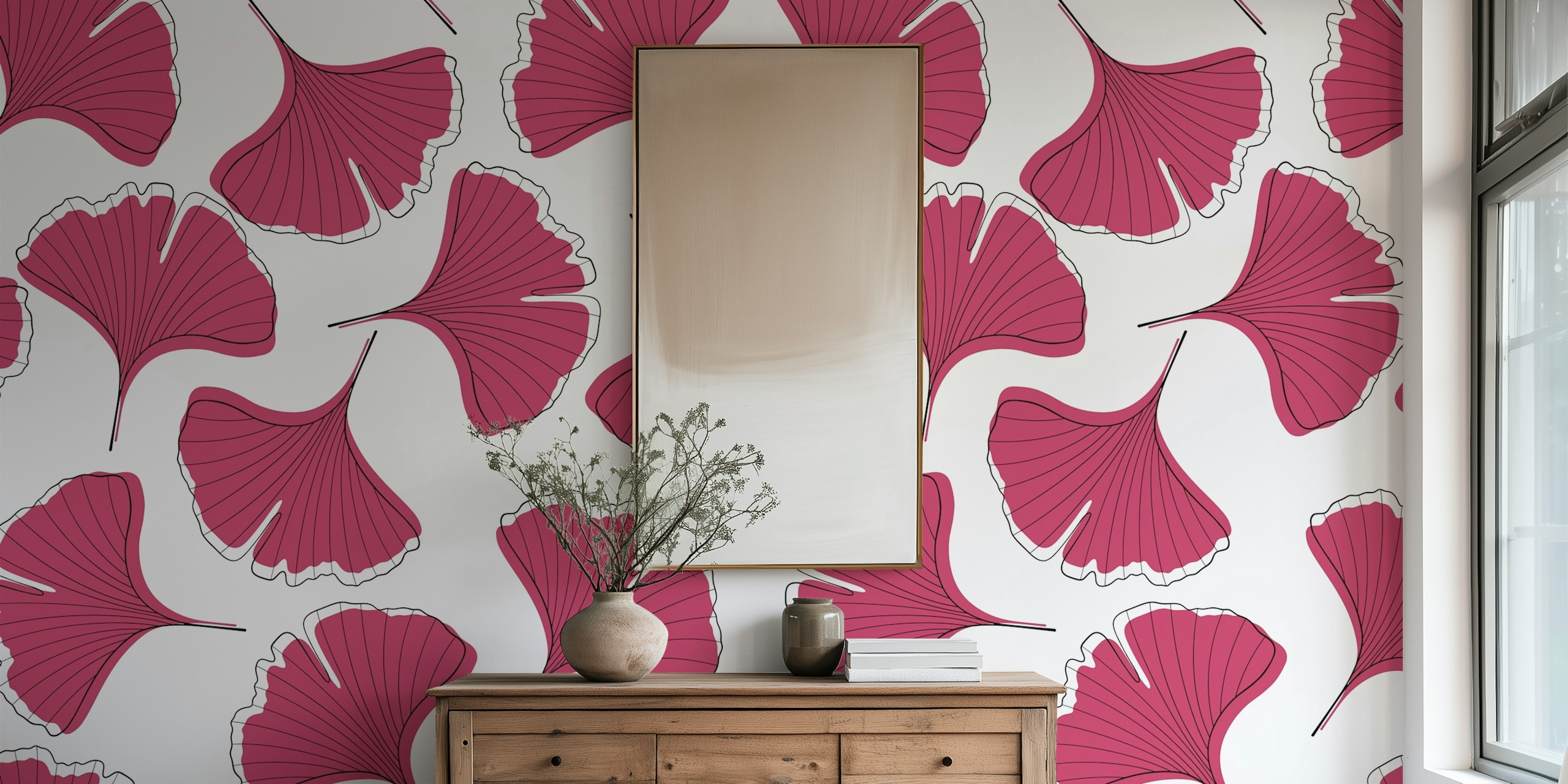 Pink Ginkgo Biloba leaves pattern on white background wallpaper