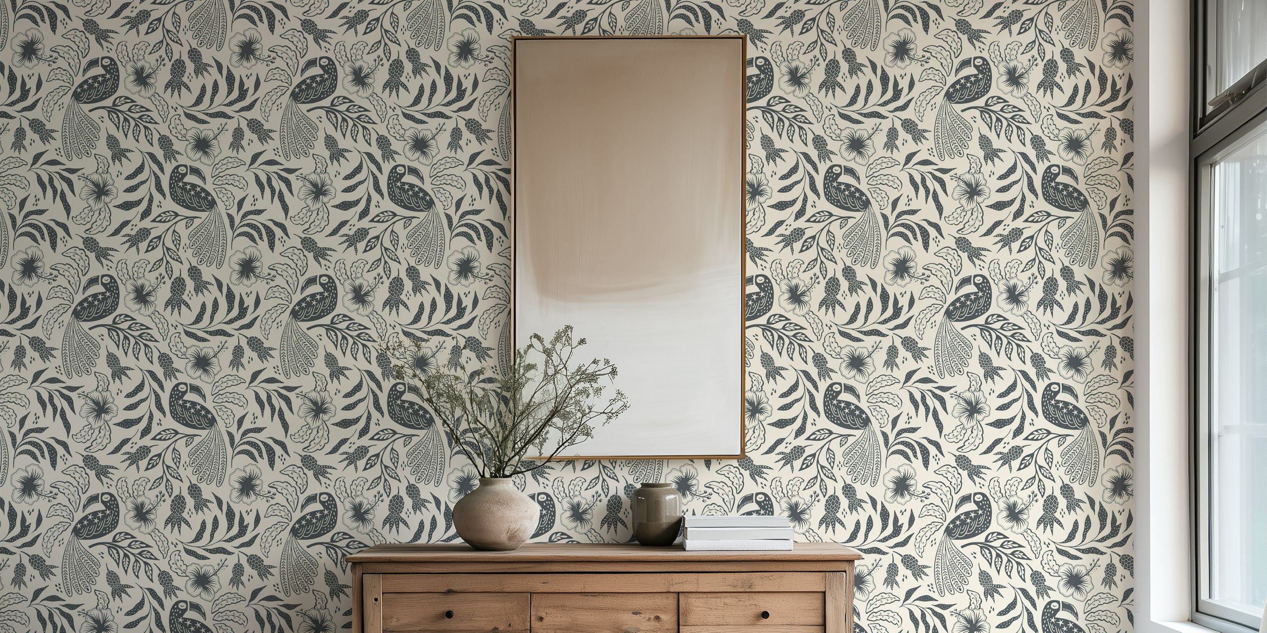 Svart og beige tropisk tukan og blomstermønster tapet