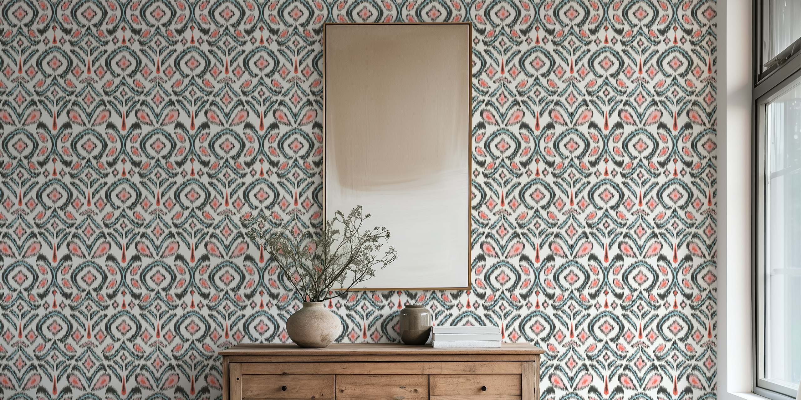 Ikat flower tapet i interiørinnstilling