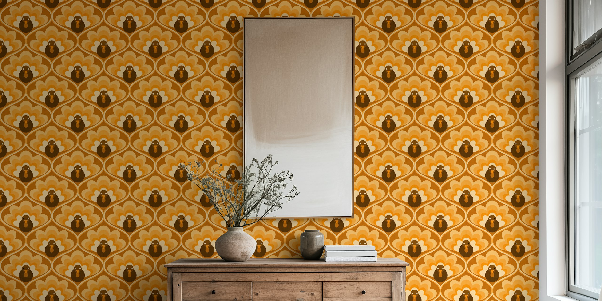 Vægmaleri i retrostil med geometriske former og stiliserede fugle i brun, orange og creme