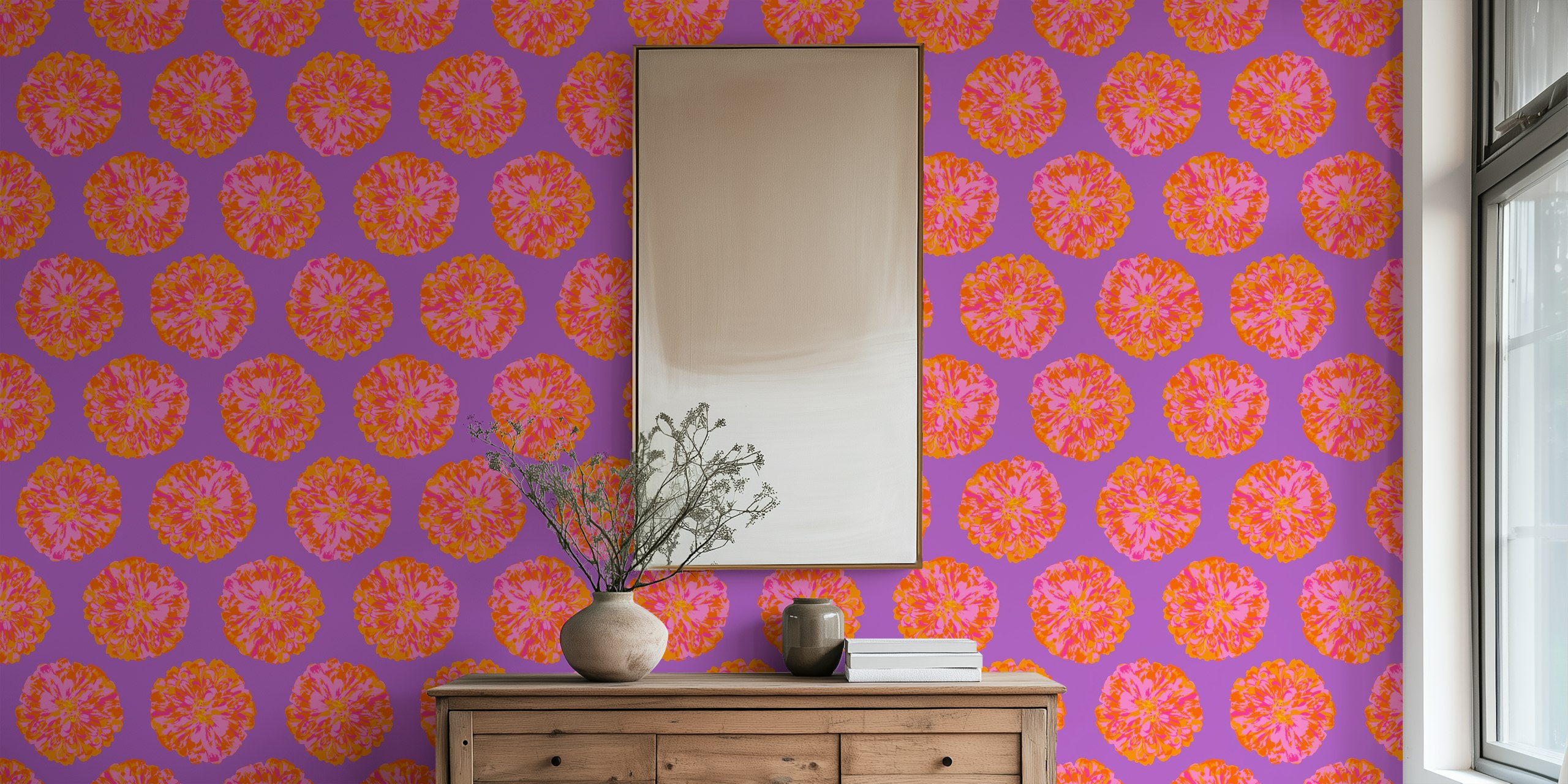 Floral wallpaper design in orange and violet