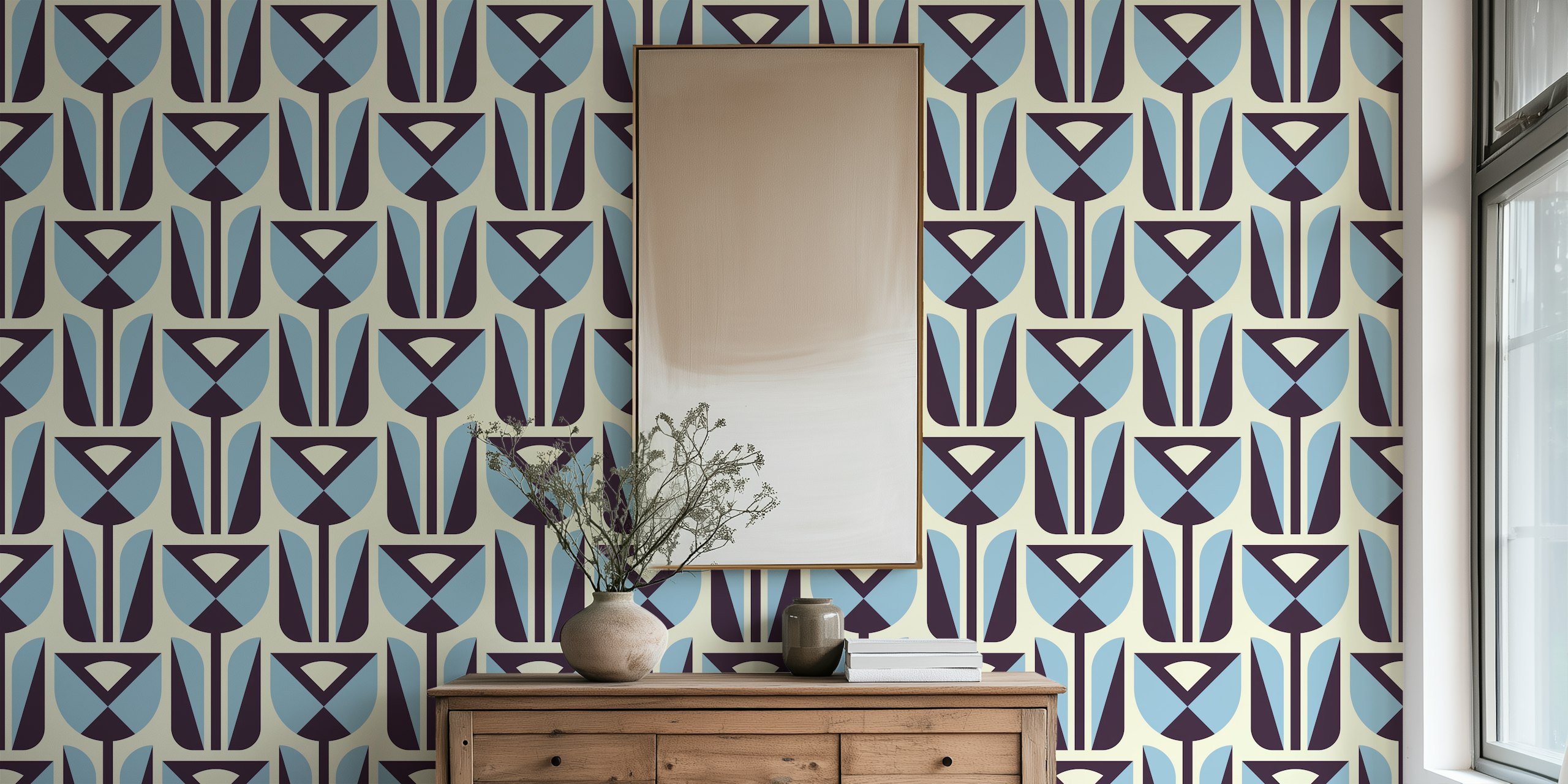 Geometric tulip patterns in blue and cream colors wallpaper