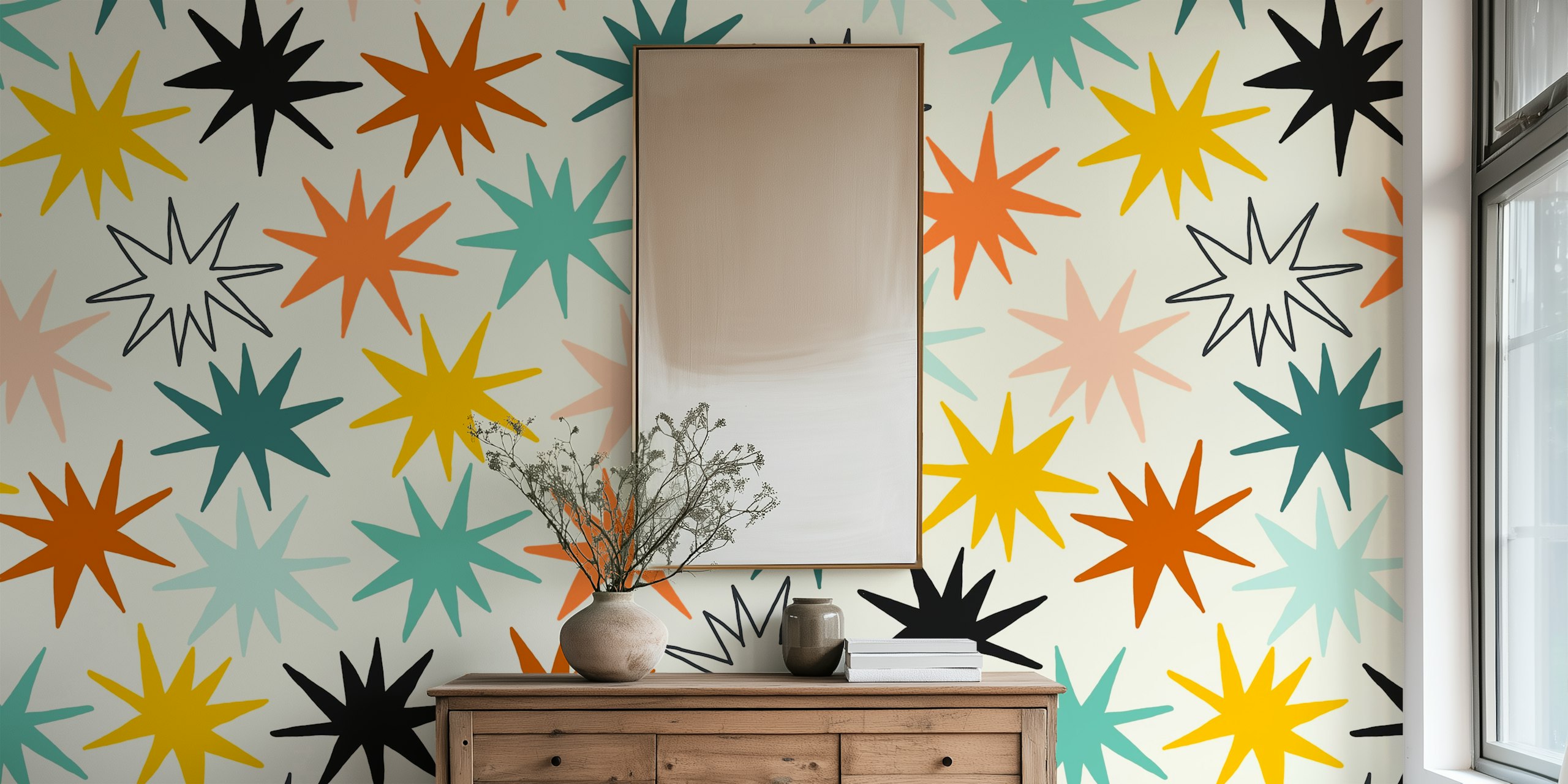 Colorful star pattern with teal, orange, yellow, and black shapes wallpaper