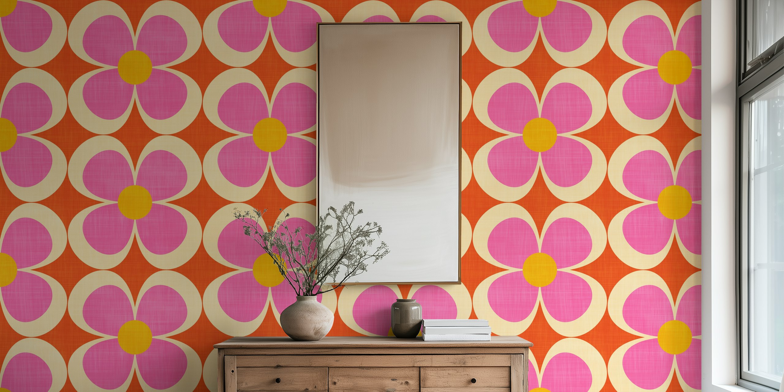 Vibrant geometric floral wallpaper in a room