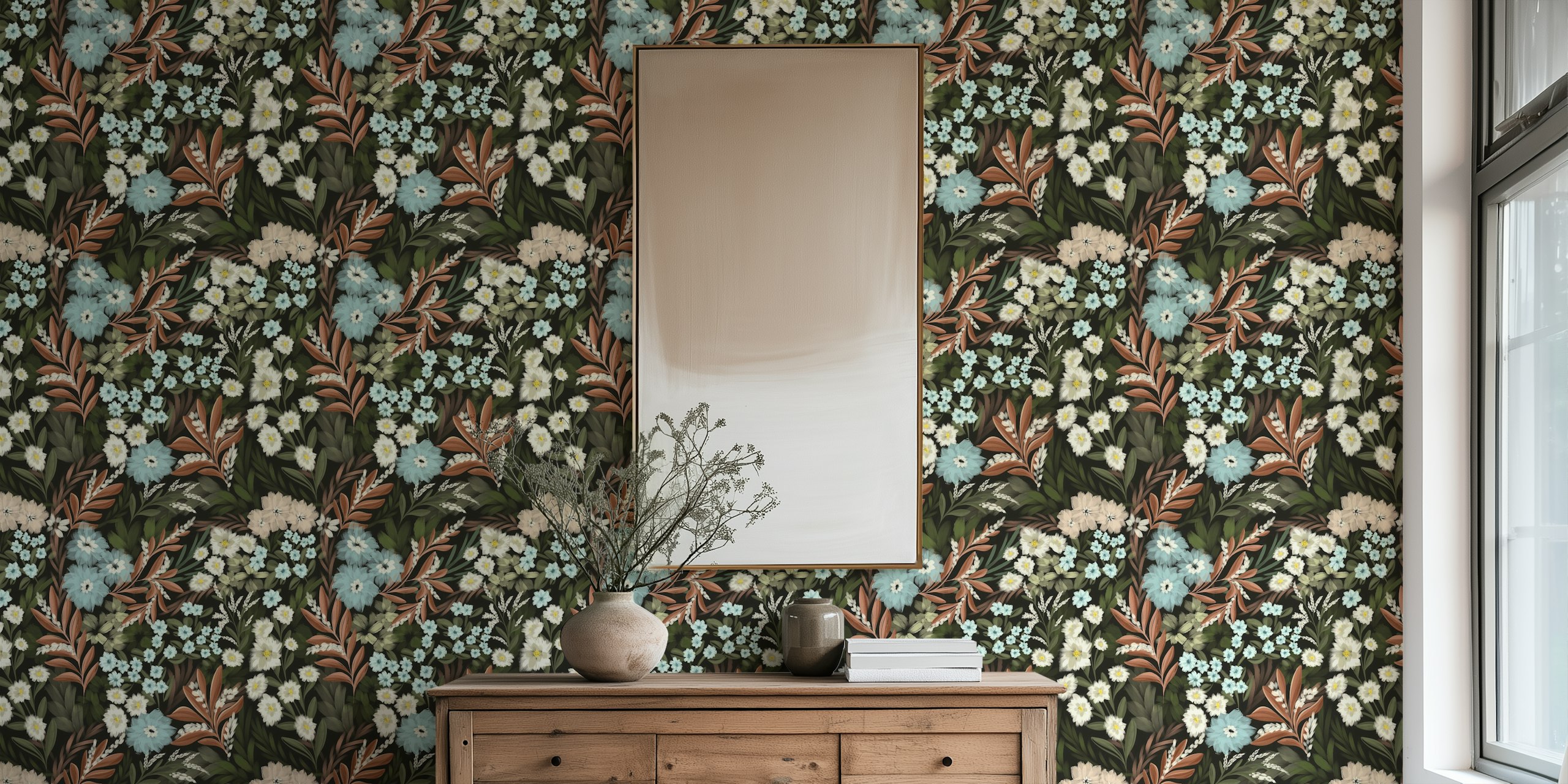 Forest floral and fauna wallpaper displayed in a room