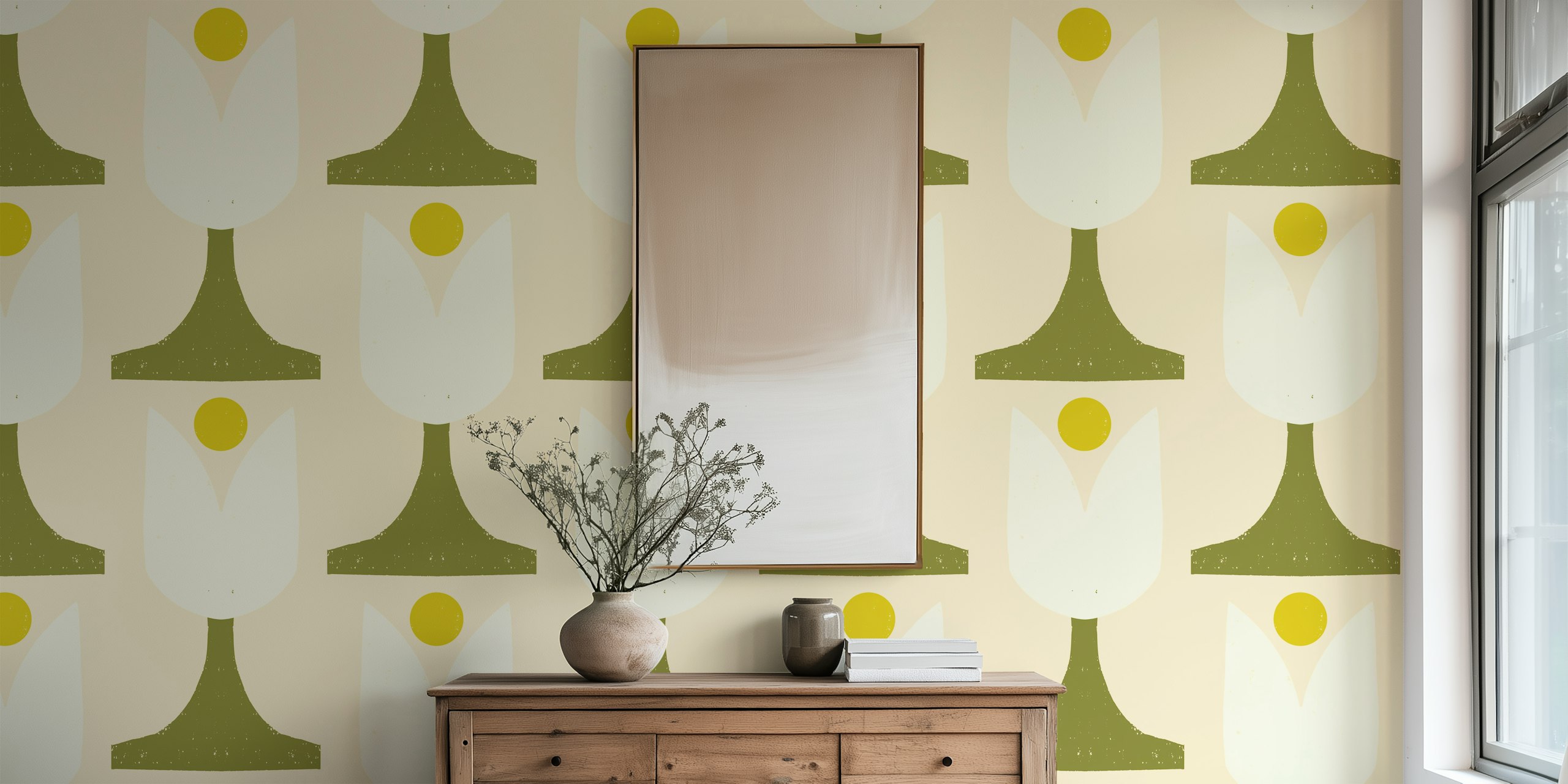 Mod Floral Tulip Pink - Mid Century Floral vaaleanpunaisilla ja vihreillä tulppaaneilla