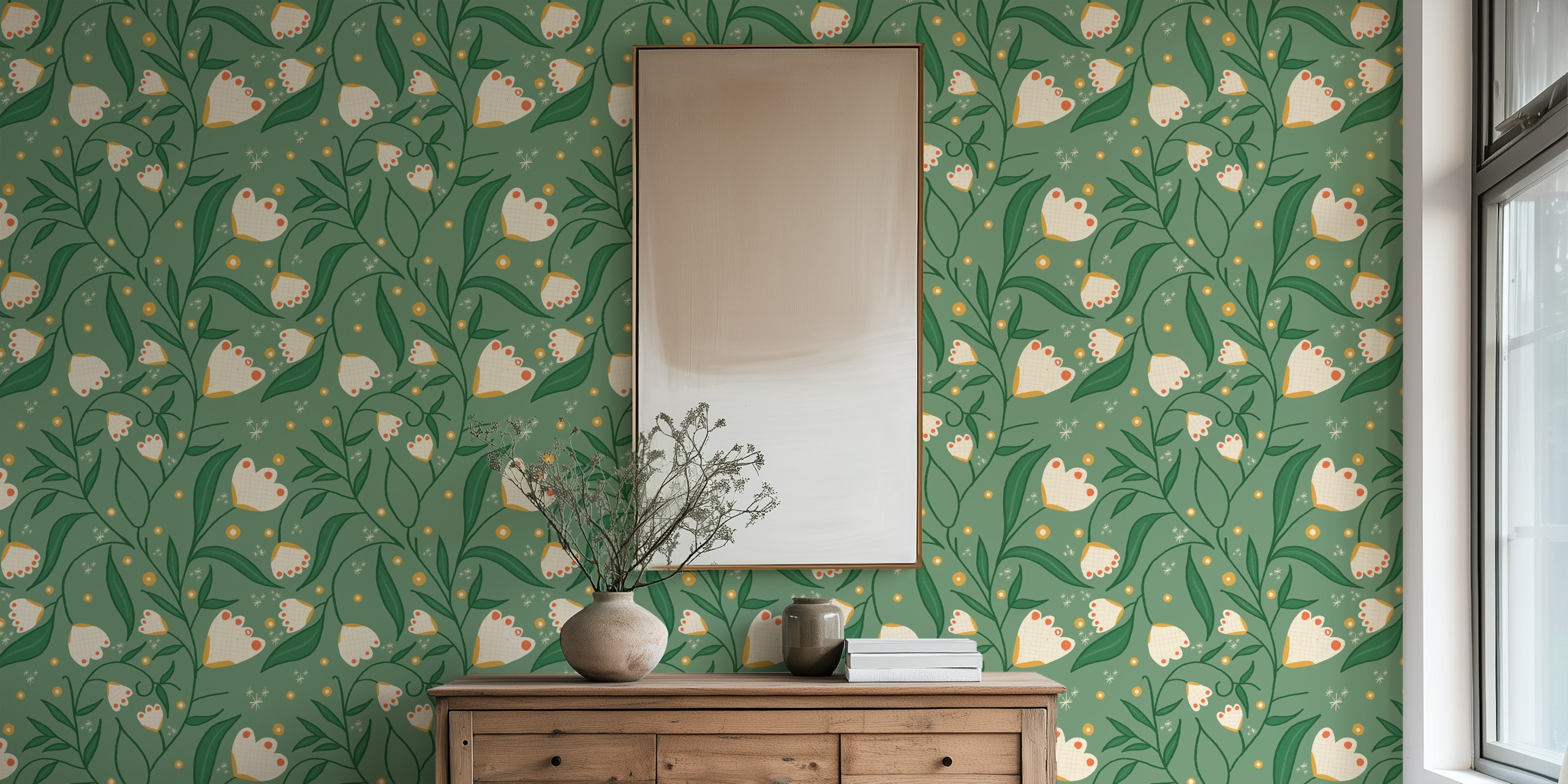 Blumenmuster in grün mit weißen und gelben Blumen; stilvolle Tapete