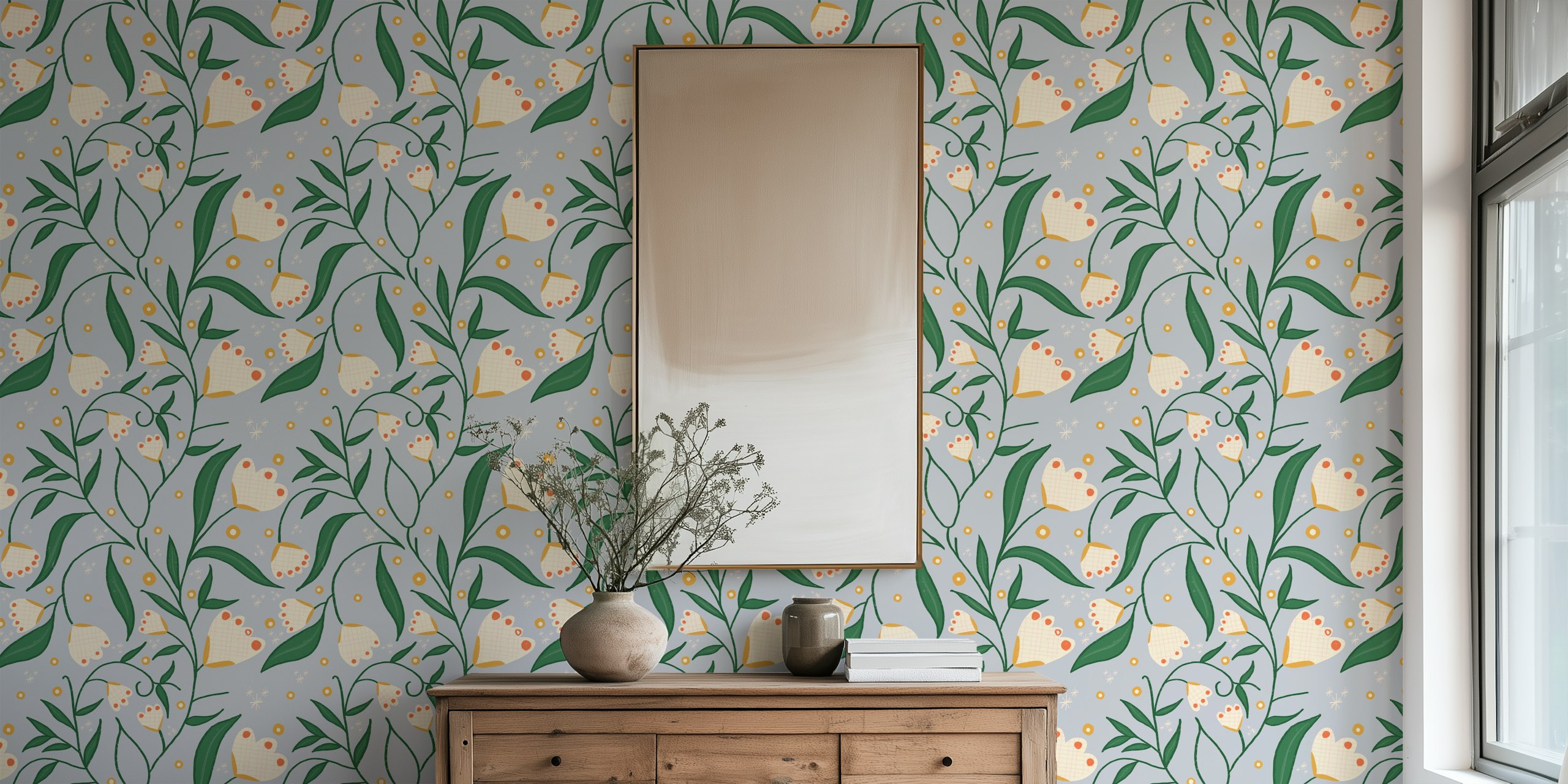 White floral pattern with green leaves and yellow accents wallpaper