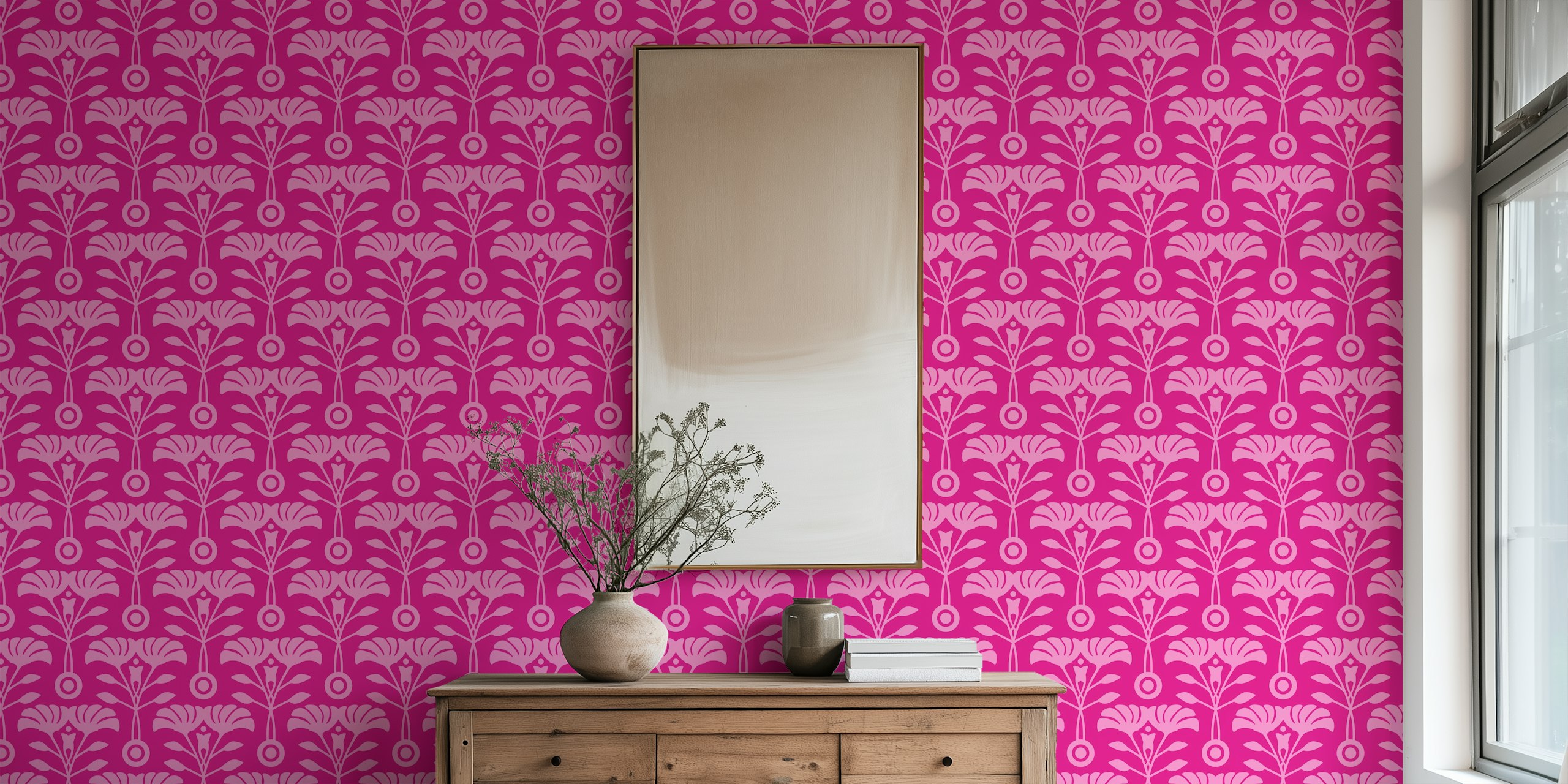 Art Nouveau Retro Mid-Century Floral Magenta Tapeta