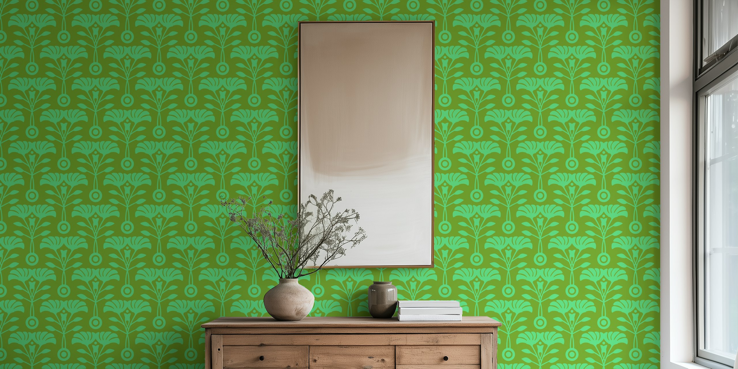 Floral patterns in green and olive tones on wallpaper