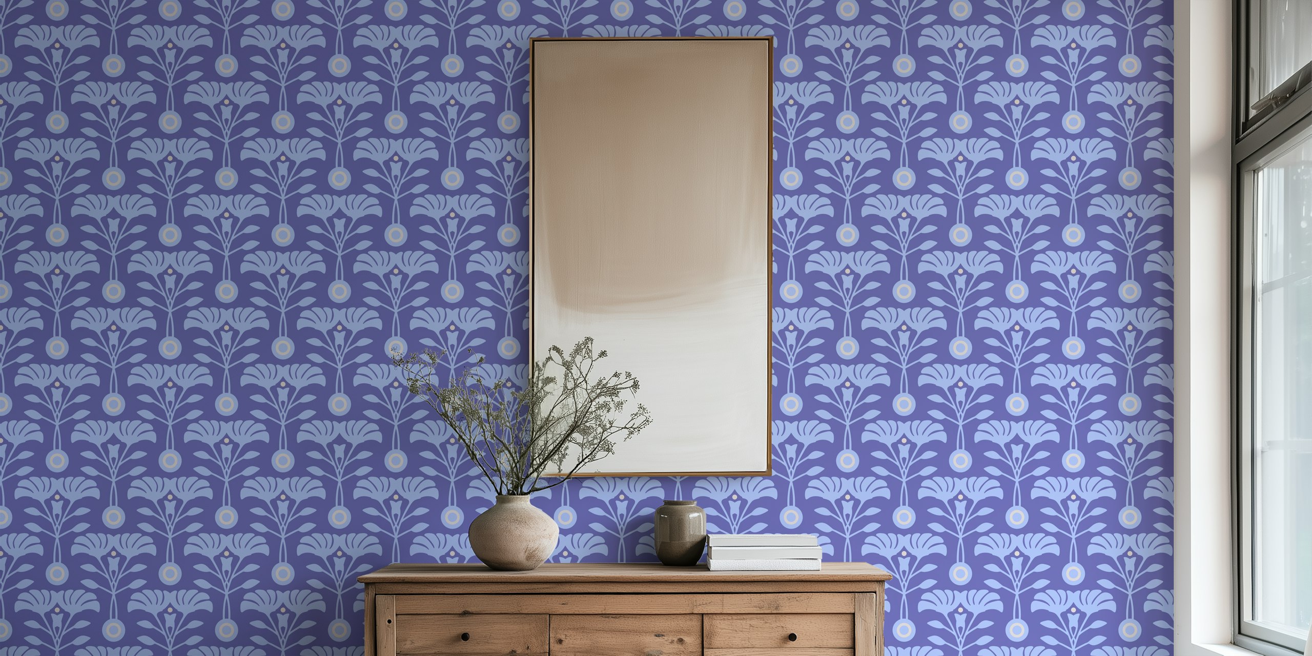 Floral patterns in purple and light blue on wallpaper