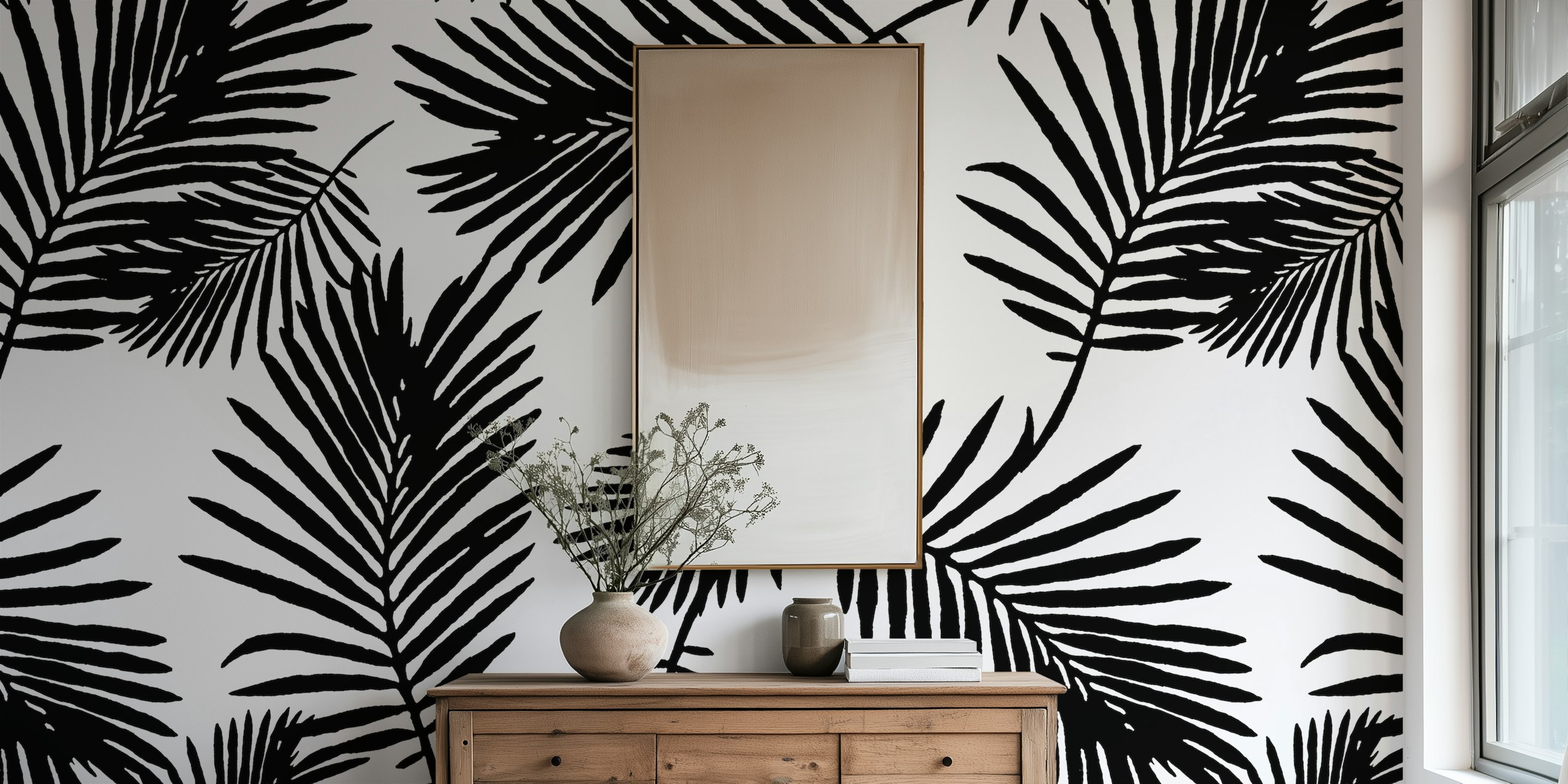 Black and white tropical palm leaf wallpaper design