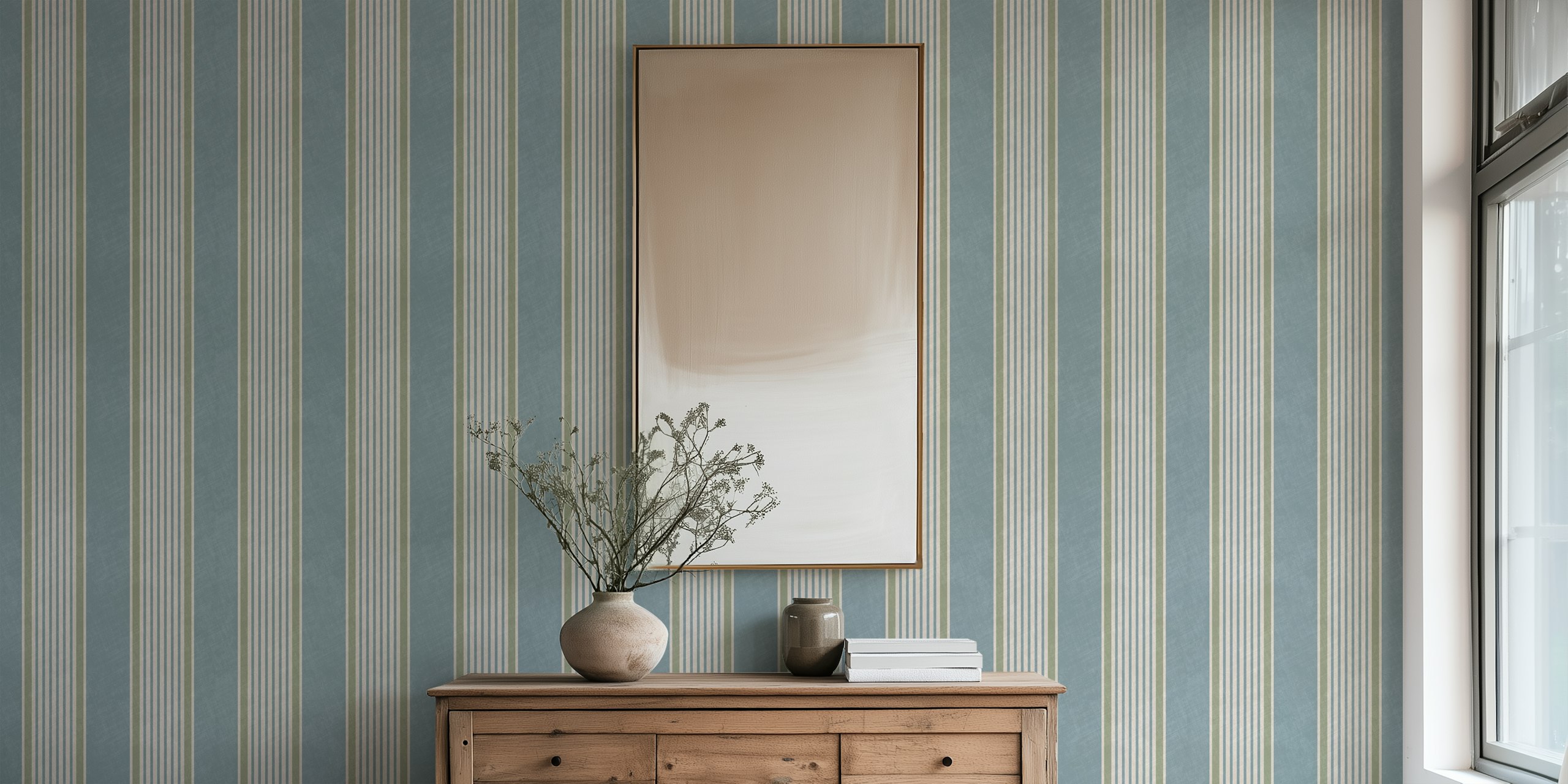 Antique stripes in slate blue and sage green wallpaper