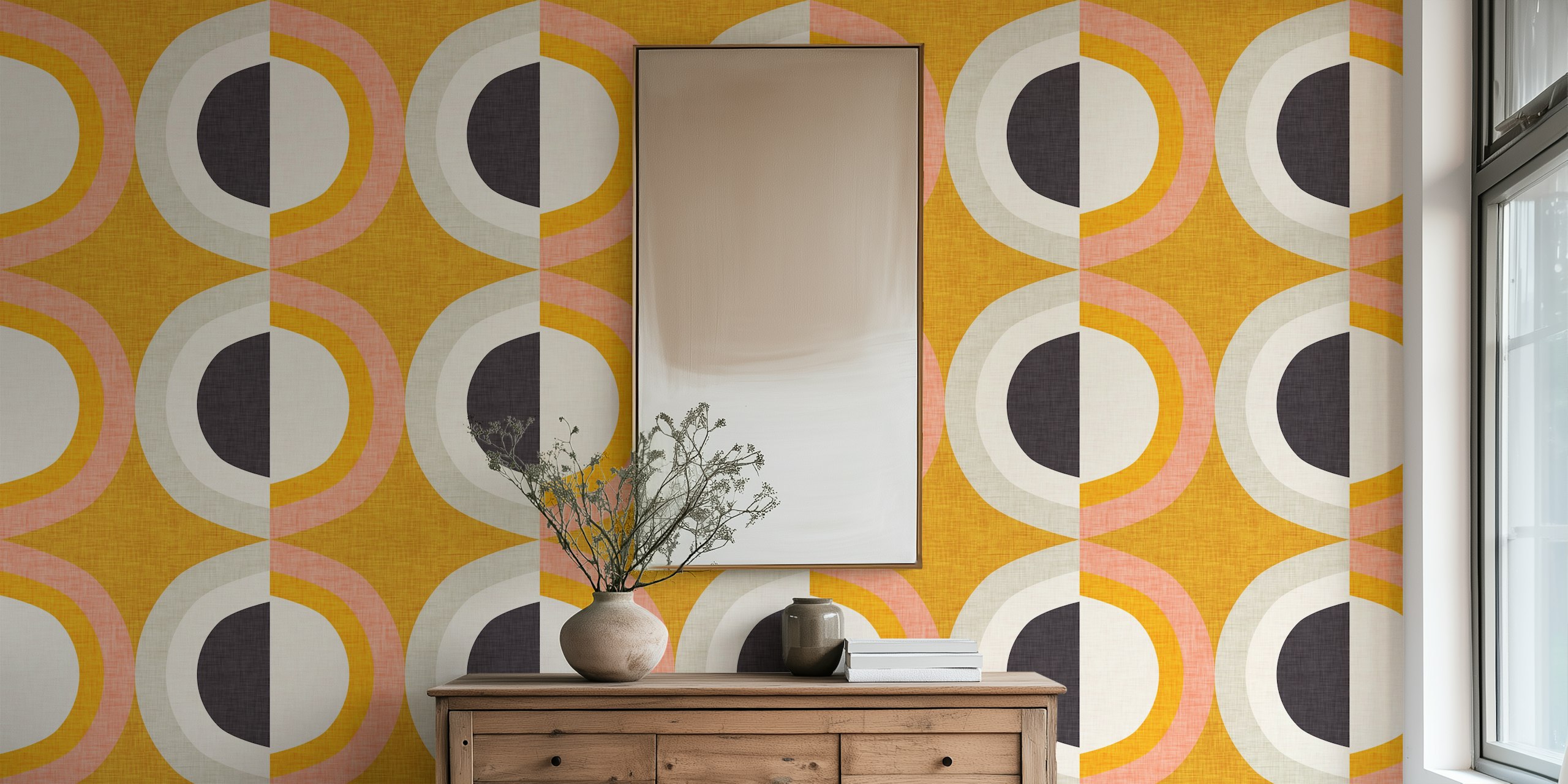 Mural de parede de estilo moderno de meados do século com formas geométricas em amarelo e carvão