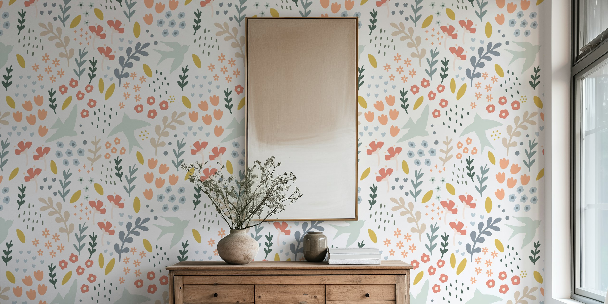 Botanische en vogelpatroon Bell Bird Floral Wallpaper