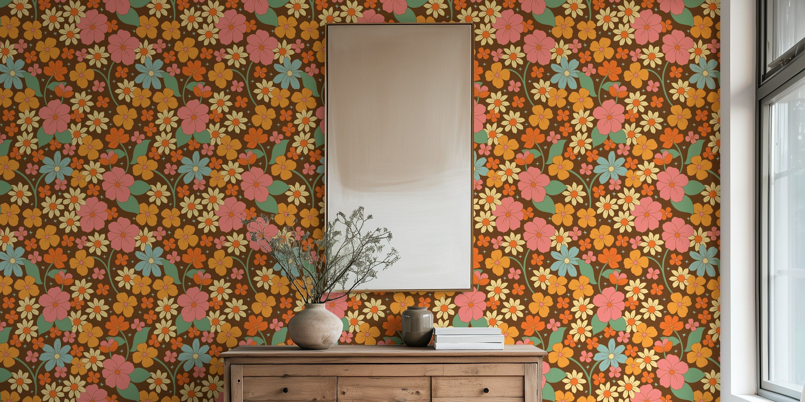 Colorful floral pattern with orange, pink, and blue flowers on brown wallpaper