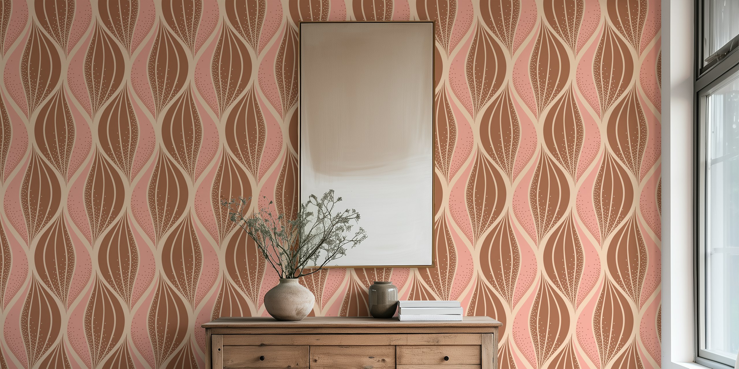 Flowing leaves brown og pink tapet i et rum