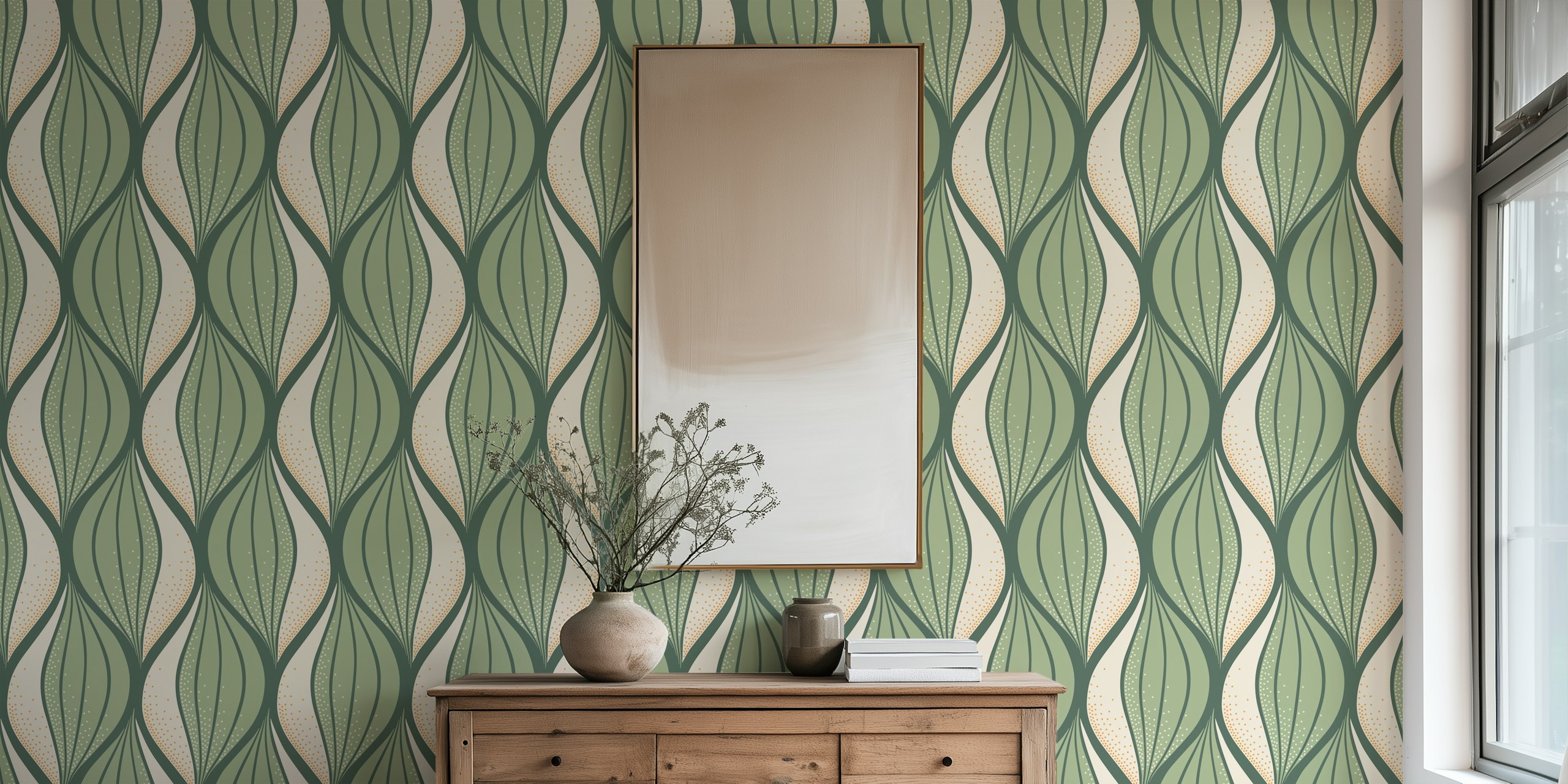 Zidna obloga Flowing leaves sage green u sobi