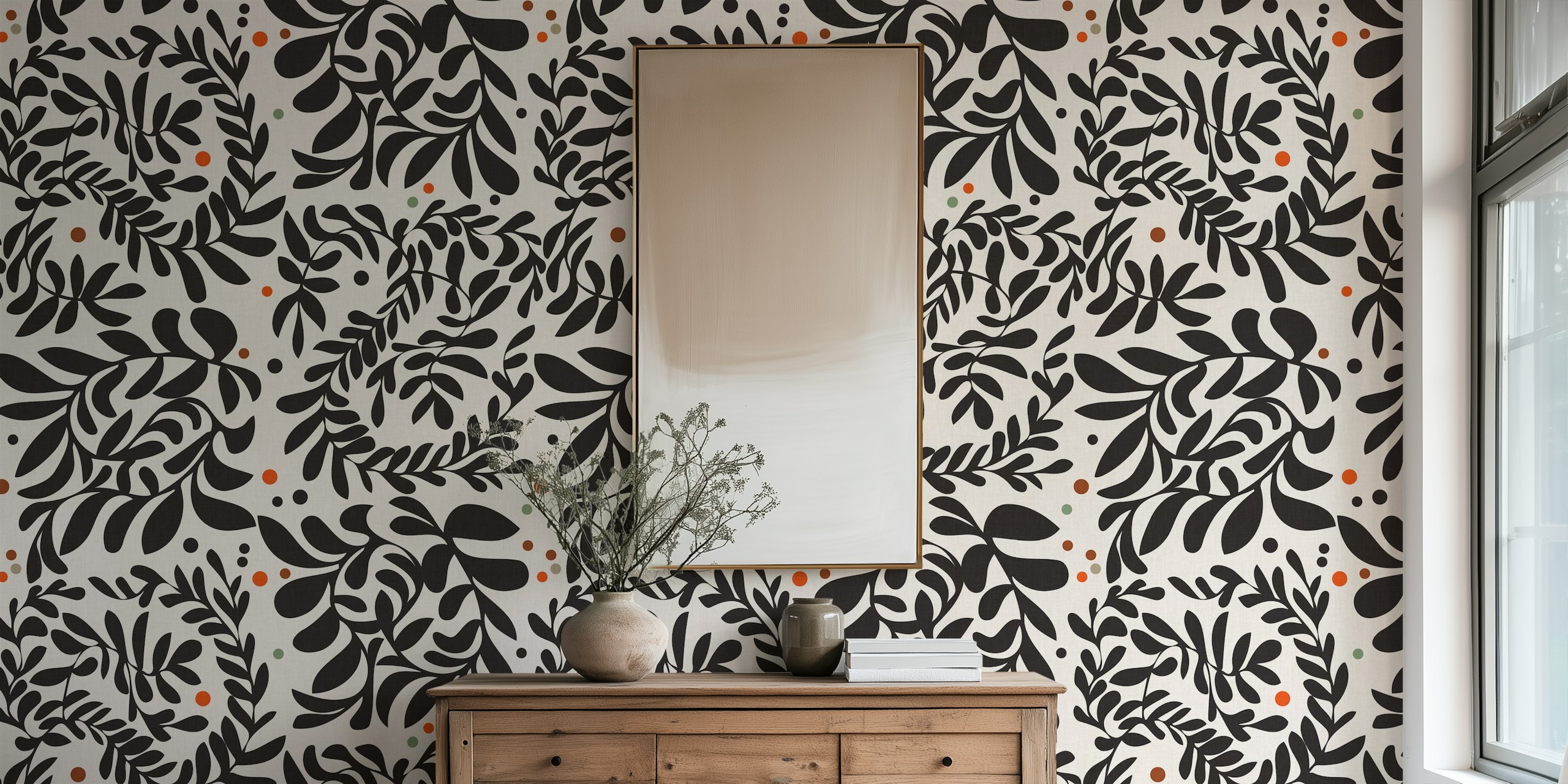 Black and white swirly leaves wallpaper pattern