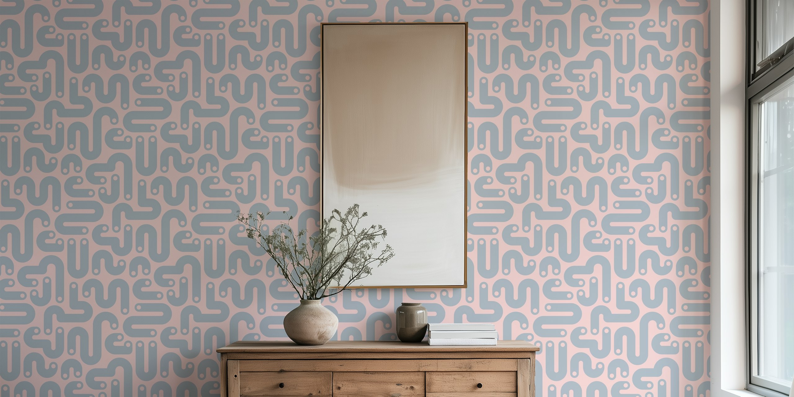 Curvy gray and pink abstract pattern wallpaper