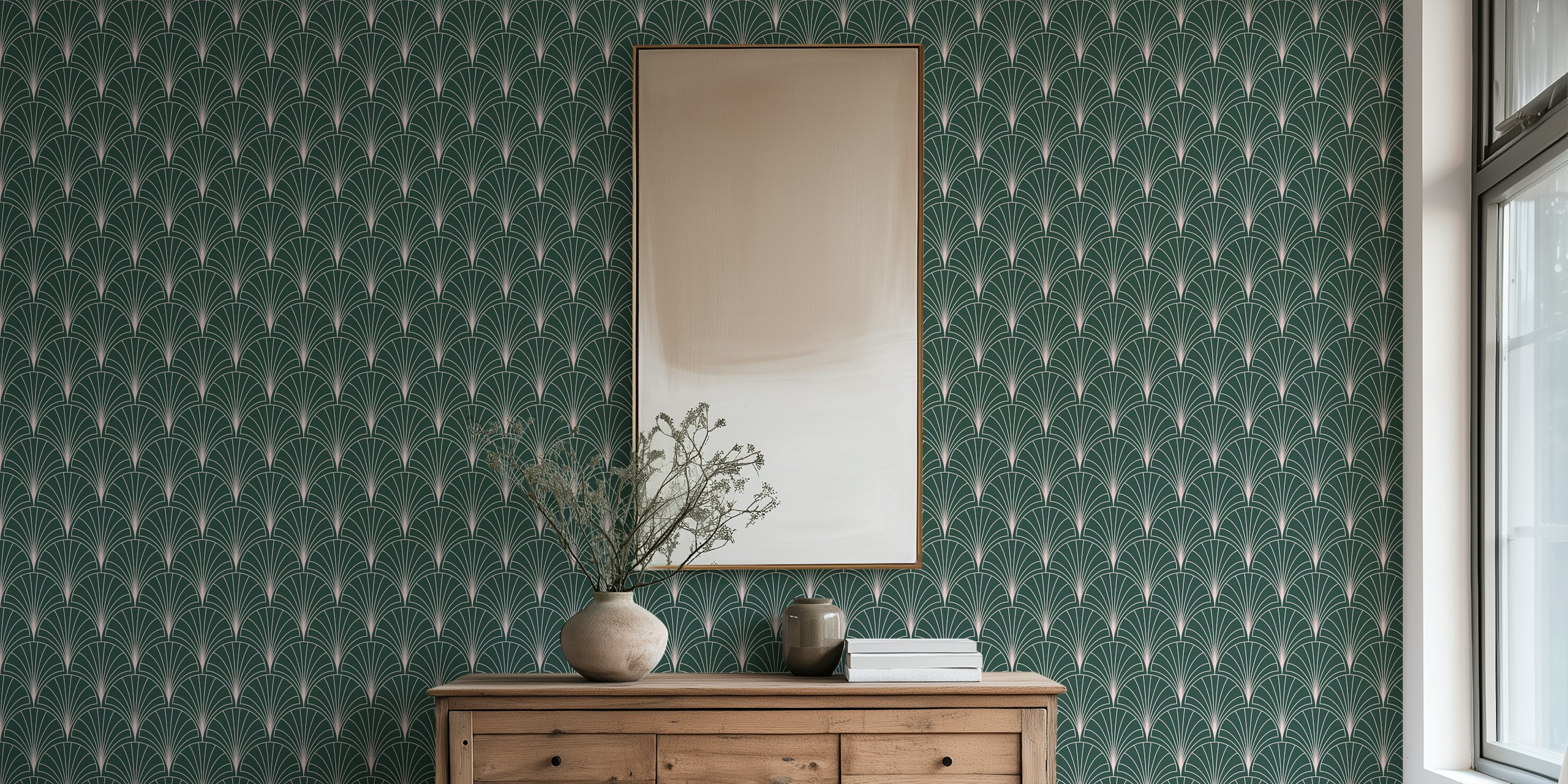 Art Deco style fan pattern in pink and green on a wall mural
