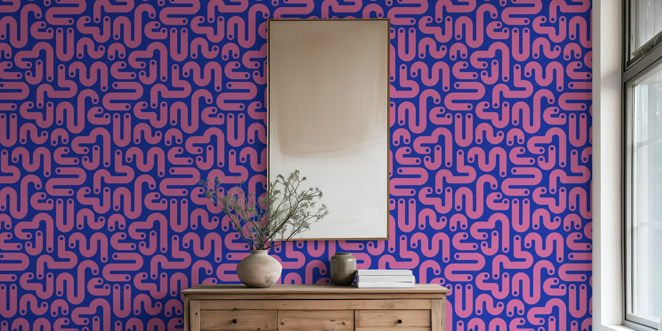 Curvy pink and blue abstract design wallpaper