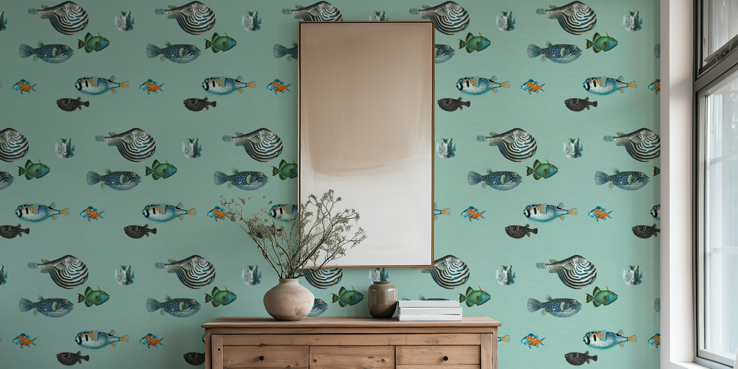 Acquario Fish Pattern wall mural with various fish illustrations on duck egg blue background
