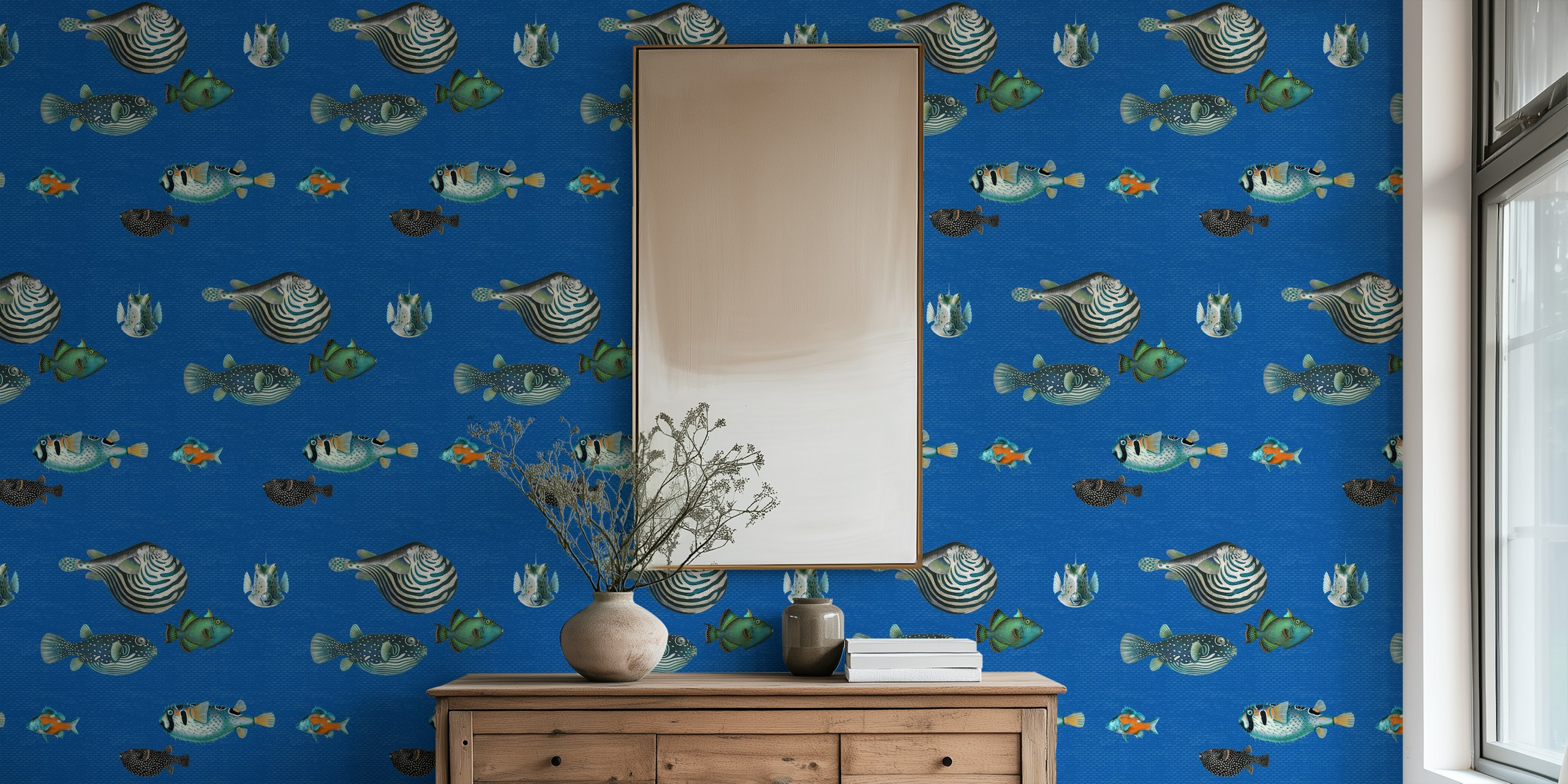 Cobalt blue wallpaper with colorful fish pattern