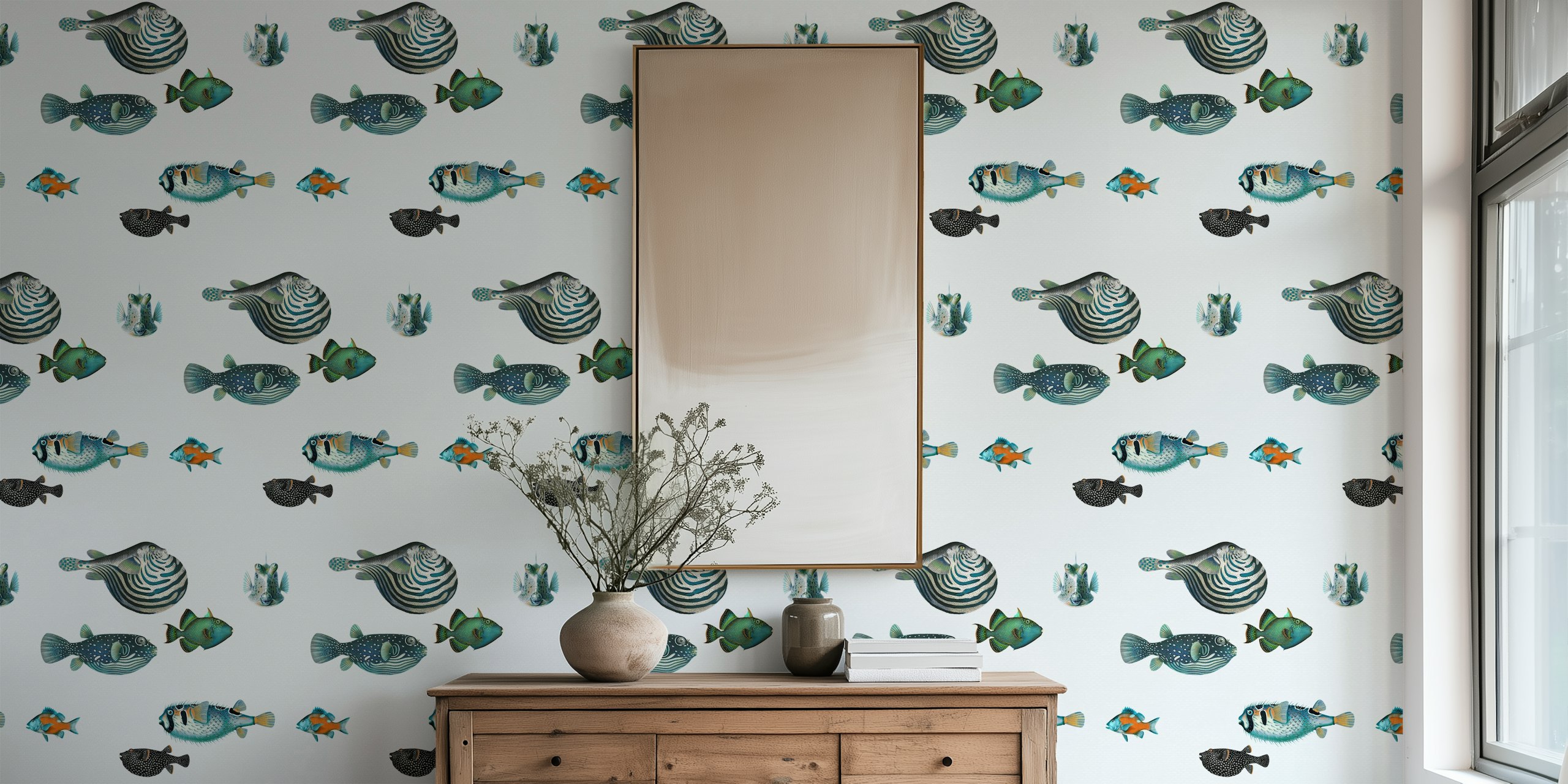 Colorful aquatic fish on a light gray background wallpaper