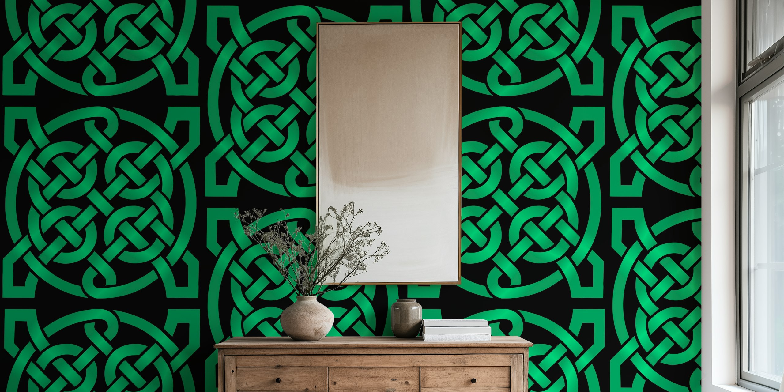 Celtic knot pattern in black and green wallpaper