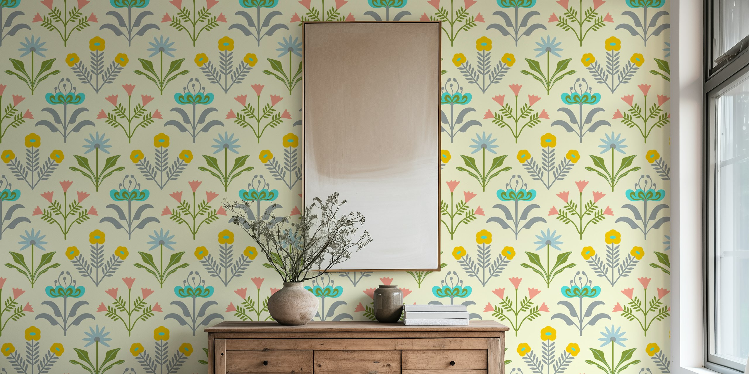 Retro Scandinavian-style floral patterned wall mural in cream with blue, yellow, and pink accents