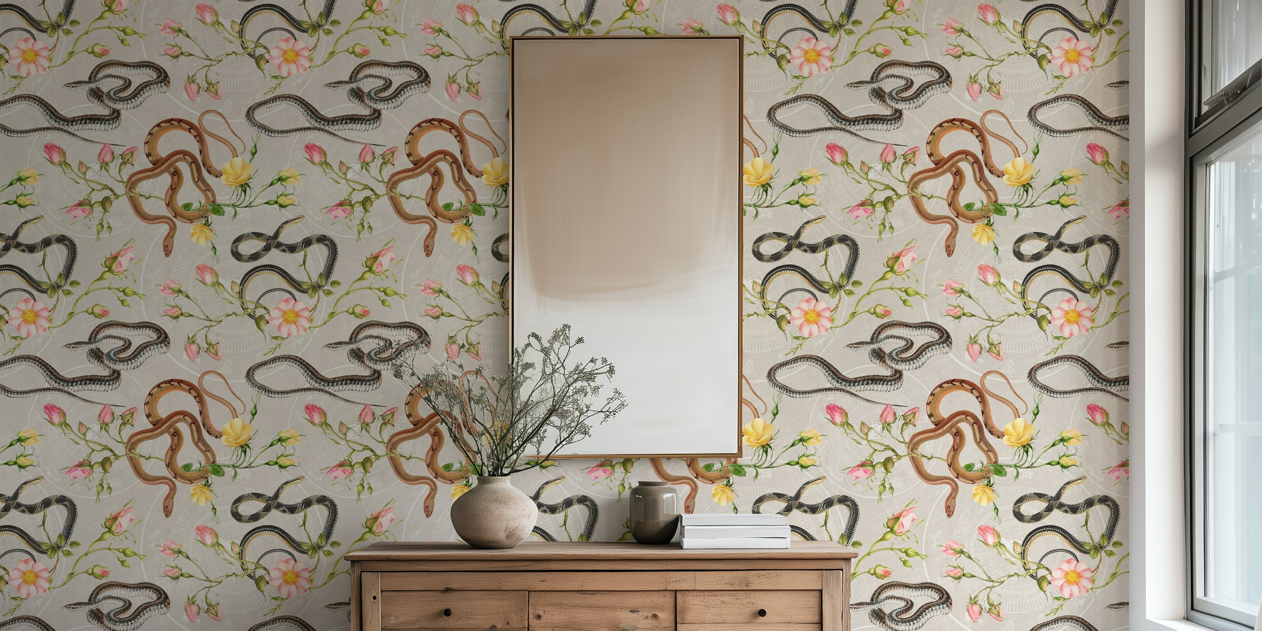Exotic Snakes and Roses Wallpaper Decor