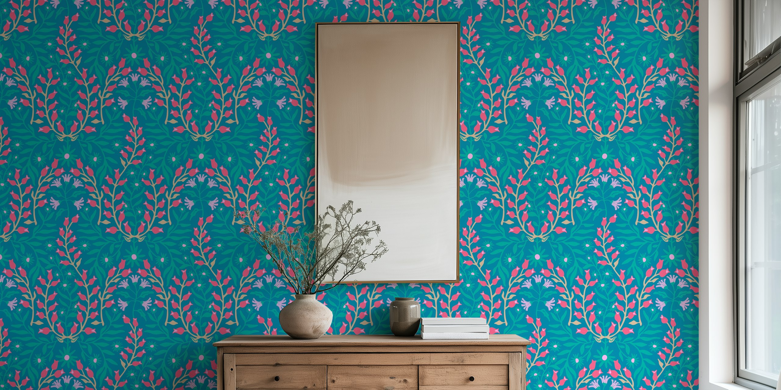 Blue floral wallpaper in a room