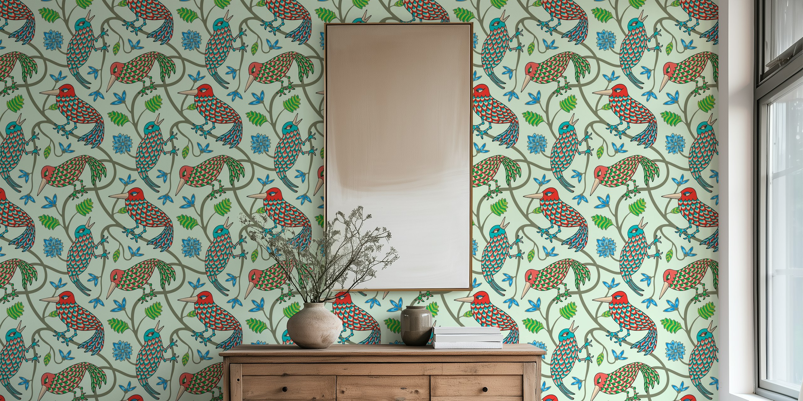 Colorful Kawaii birds with flowers on light green wallpaper