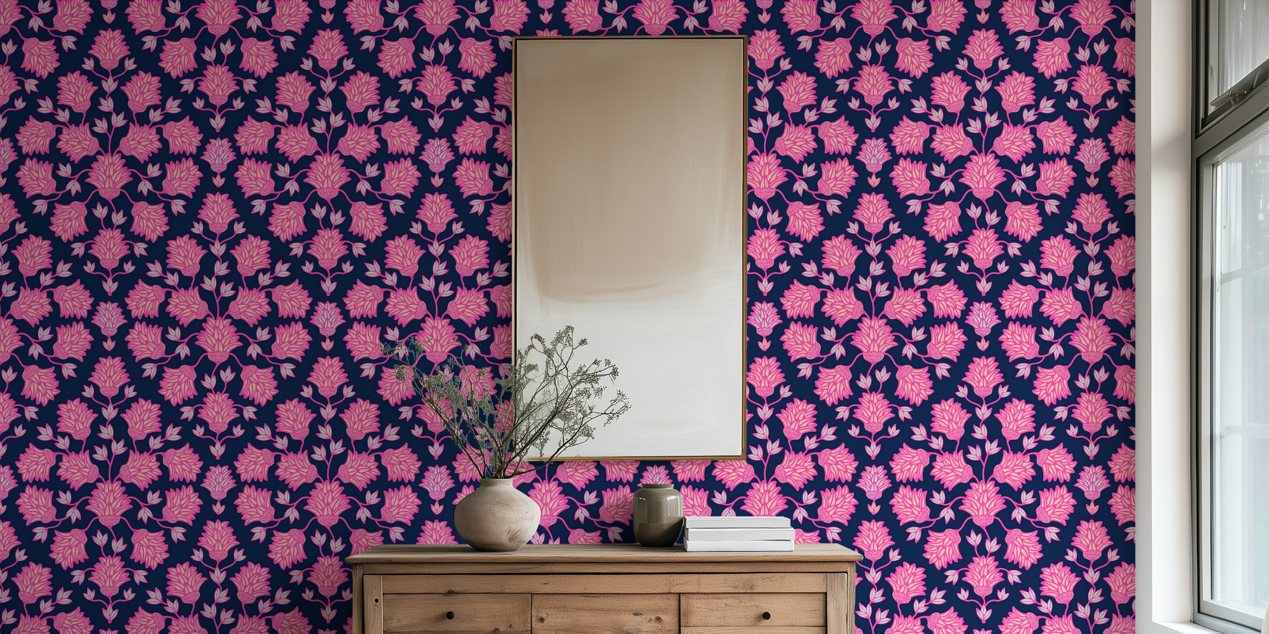 Pink floral damask design on dark blue background wallpaper