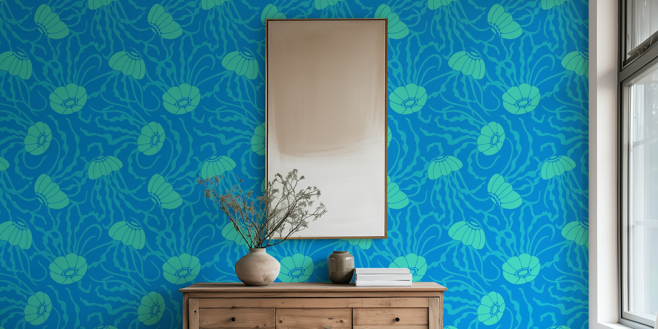 Σχεδίαση Ταπετσαρίας Τουρκουάζ Μπλε Jellies Swimming Jellyfish - Turquoise Blue Σε Ένα Δωμάτιο