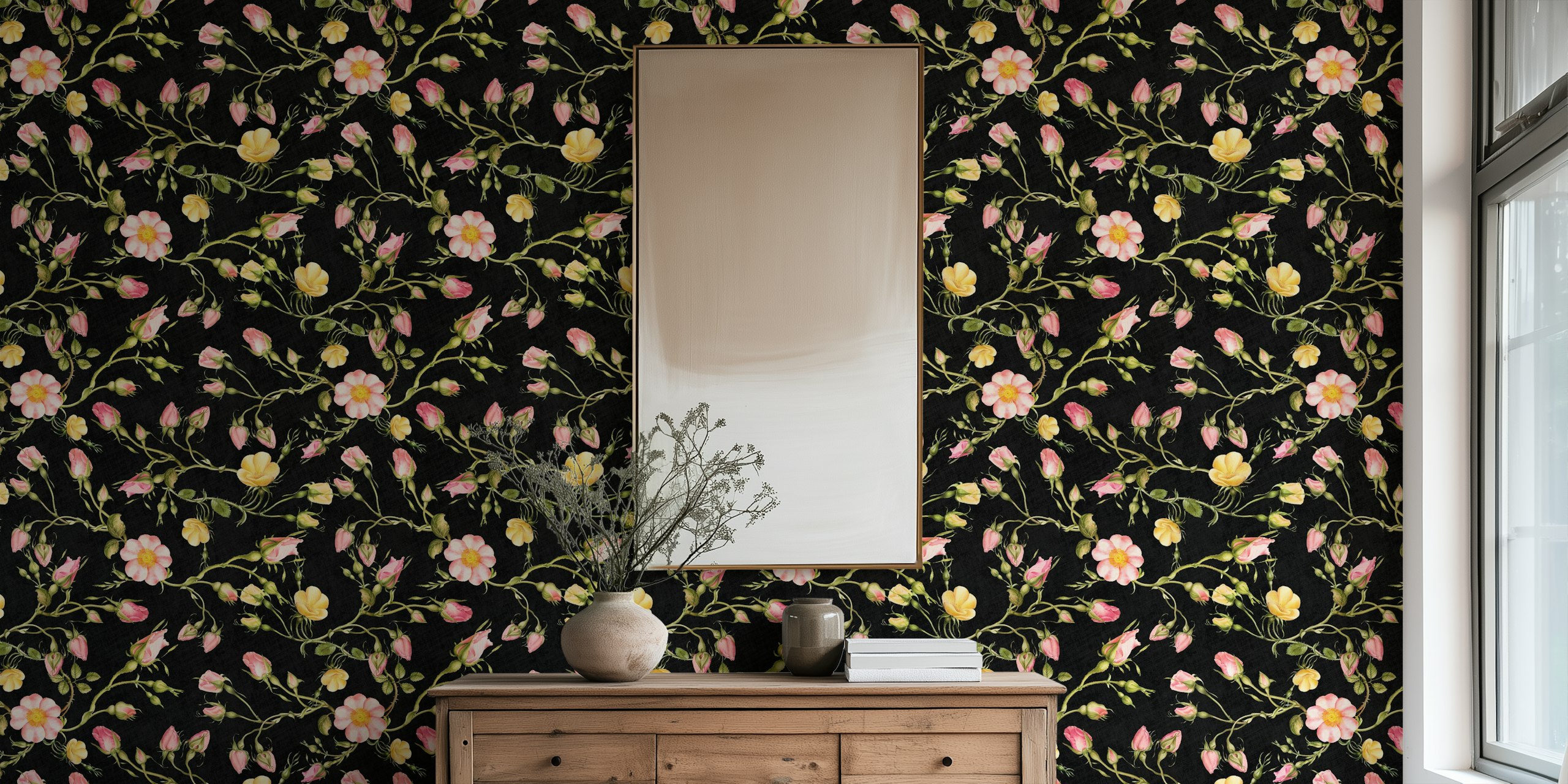 Vintage roses wallpaper in a room