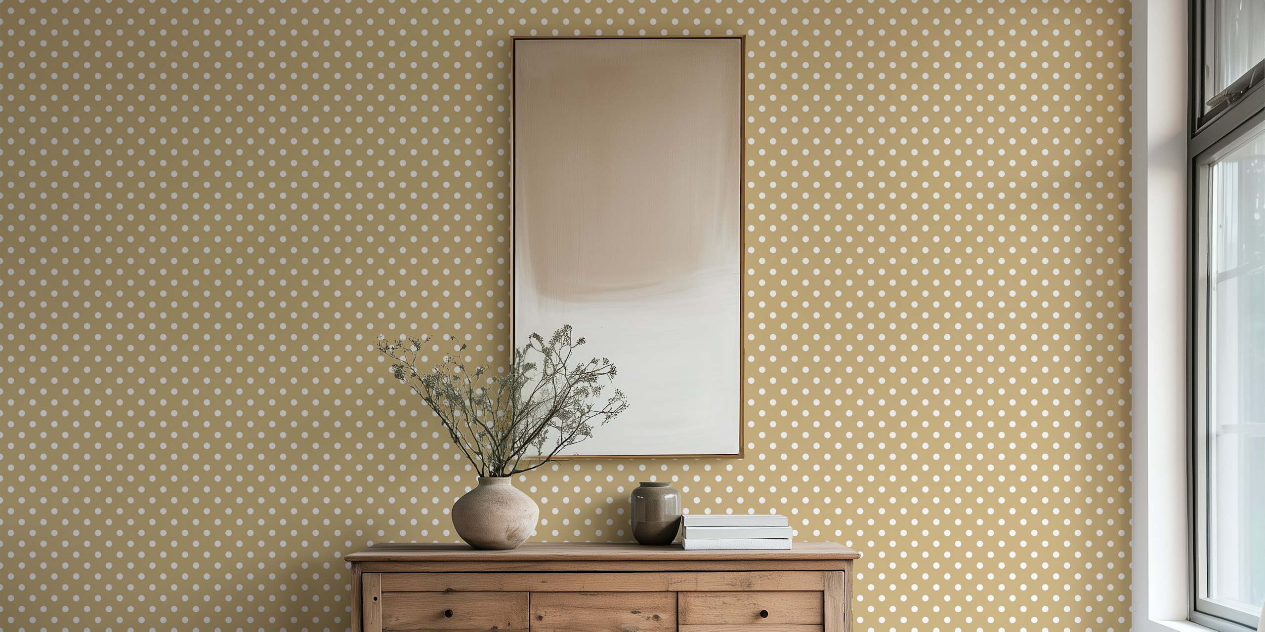 Polka Dots - White on Beige in een kameromgeving