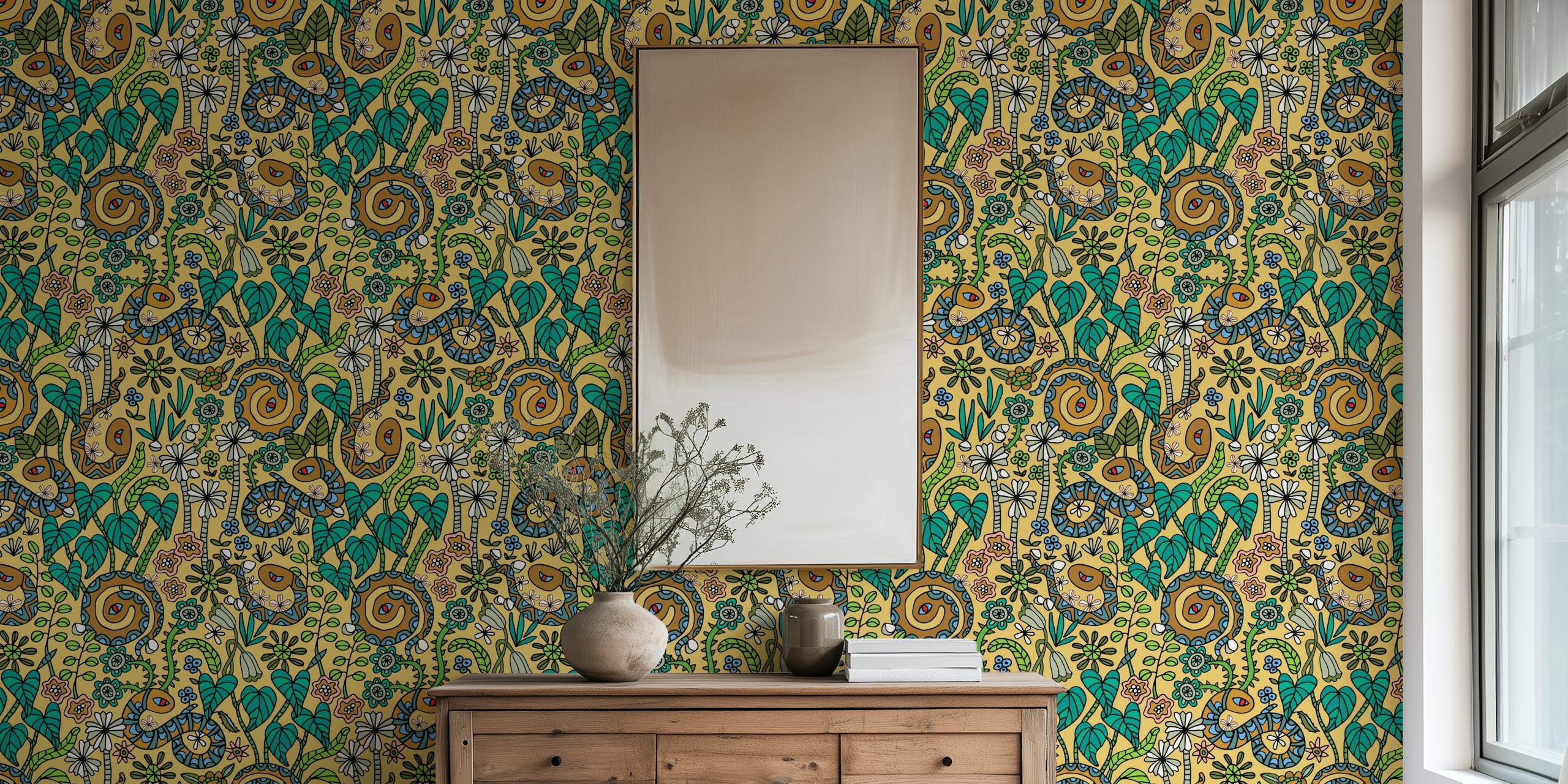 Yellow snakes and floral patterns in retro style wallpaper