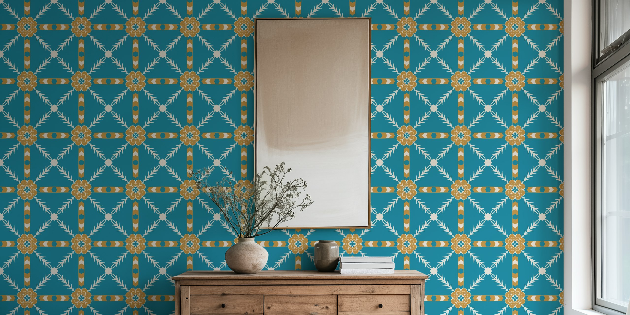 Krickblå tapet med blommiga och geometriska mönster i guld och vitt